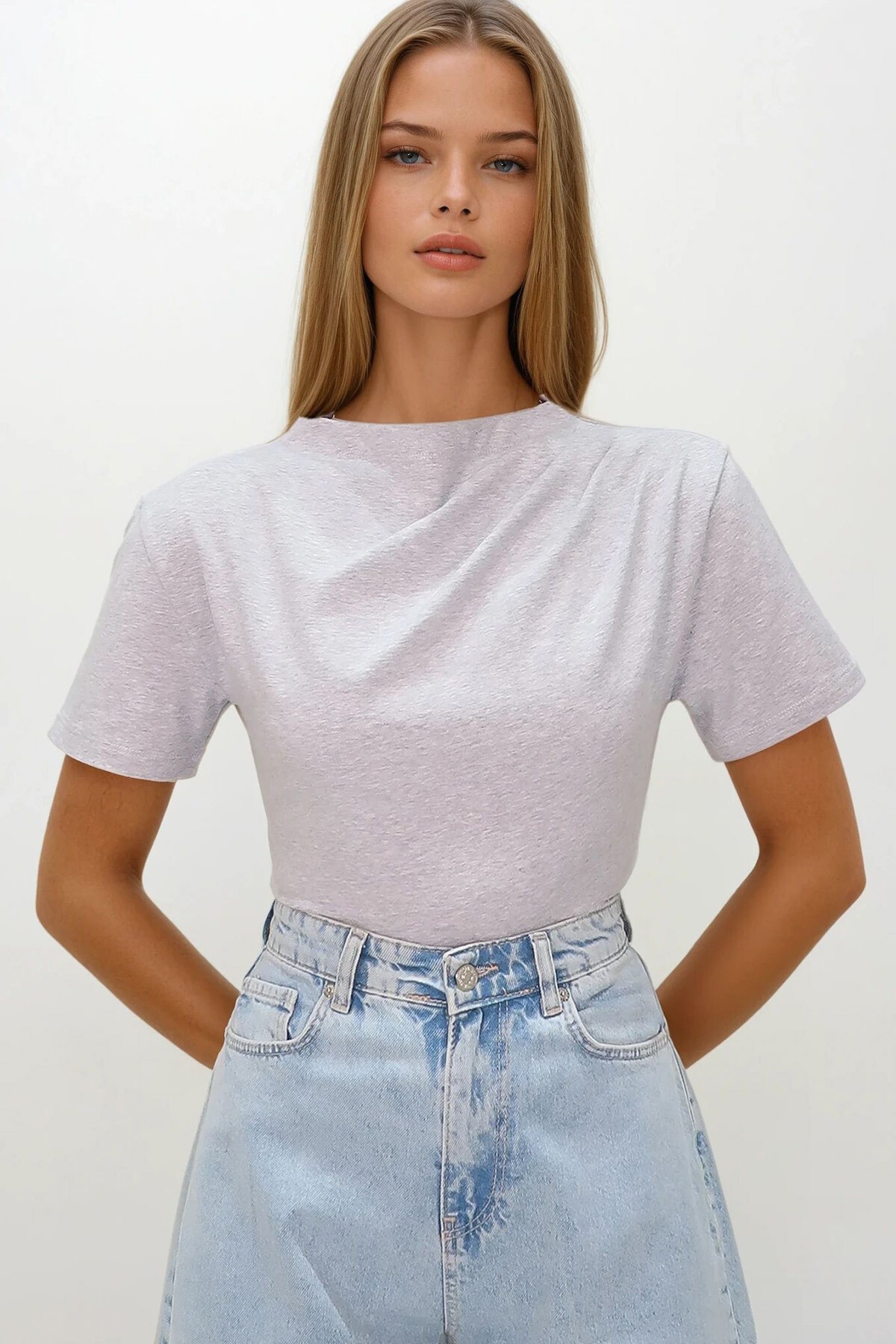 Grimelanj Dik Yaka Omuzu Drapeli Cotton Bluz