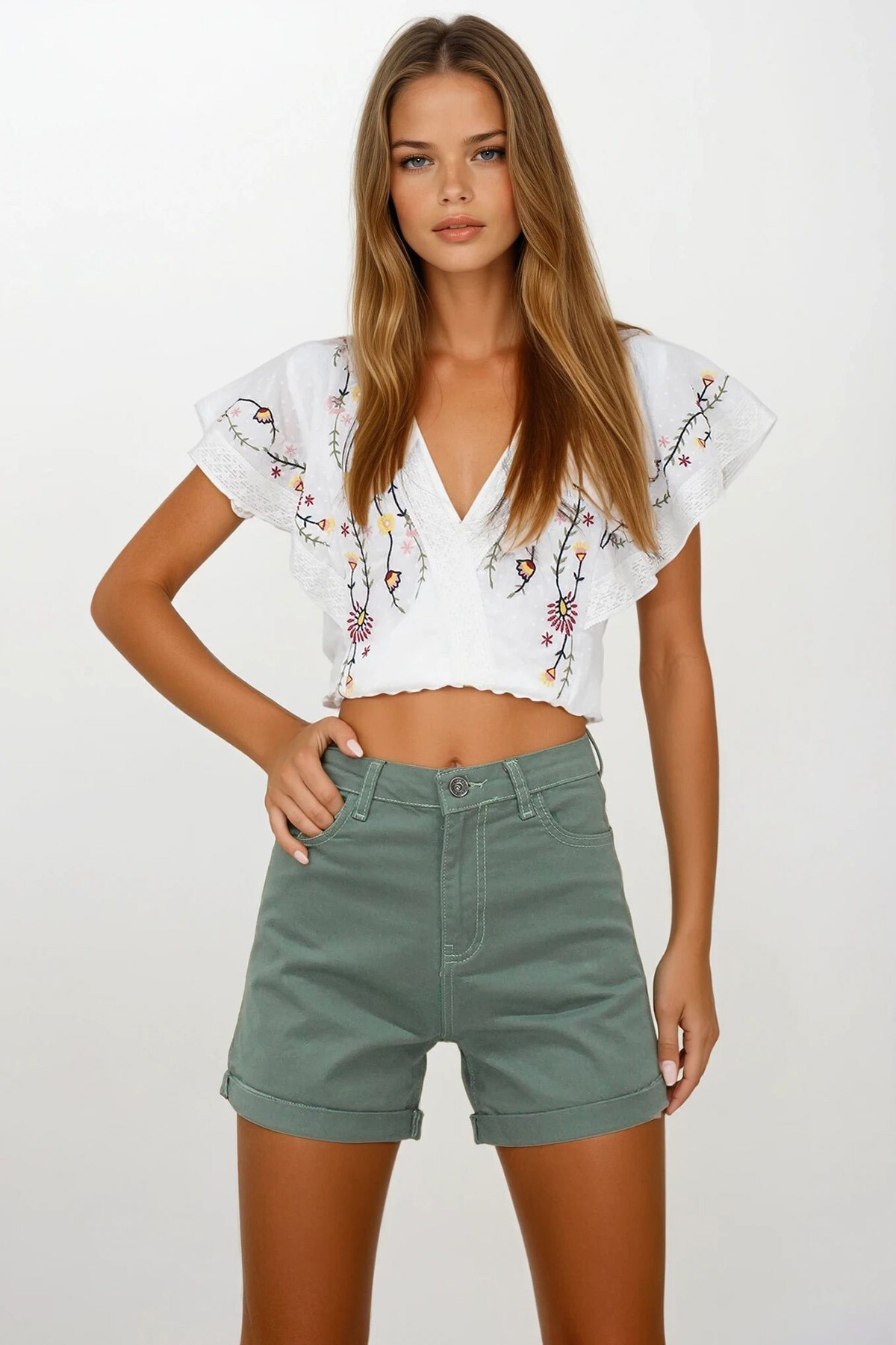 Haki 5 Cepli Double Paça Denim Şort