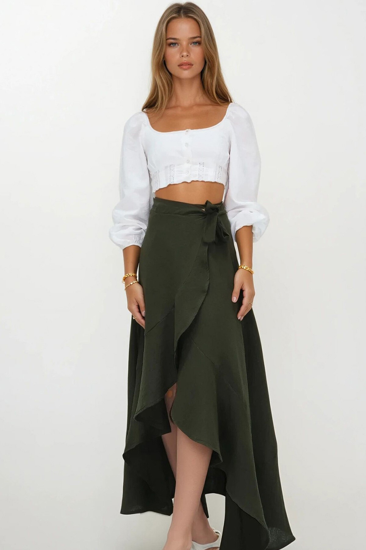 Haki Asimetrik Kesim Düğme Kapamalı Müslin Etek