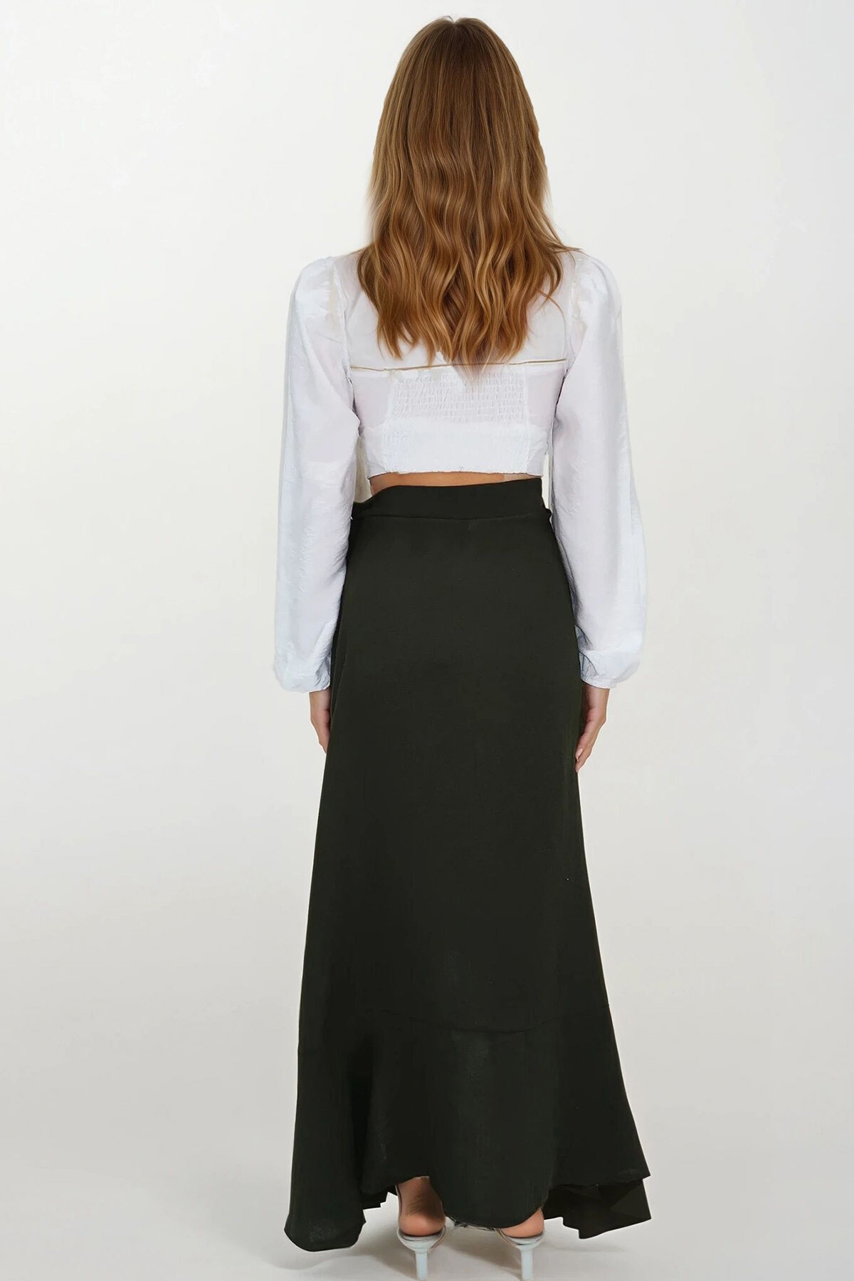 Haki Asimetrik Kesim Düğme Kapamalı Müslin Etek