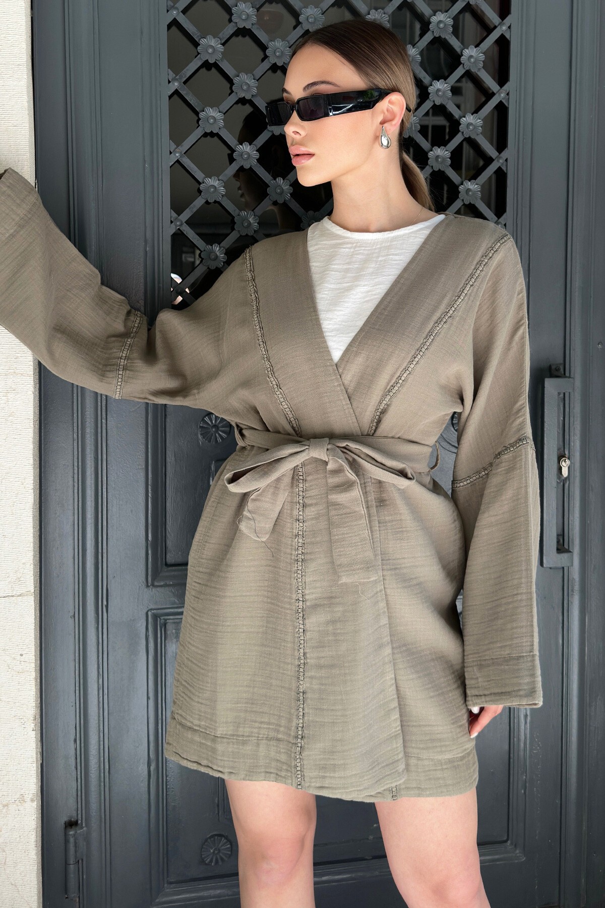 Haki Bağlamalı Keten Kimono