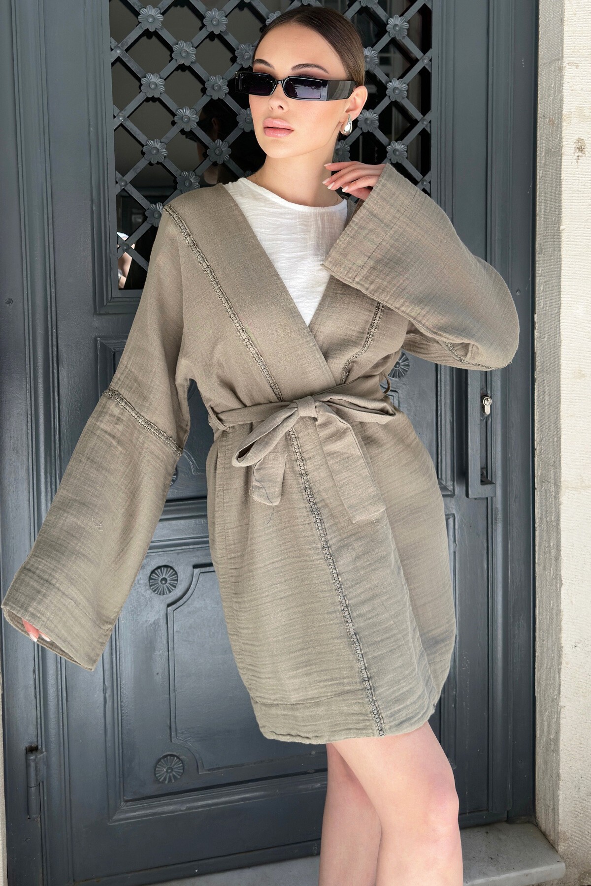 Haki Bağlamalı Keten Kimono