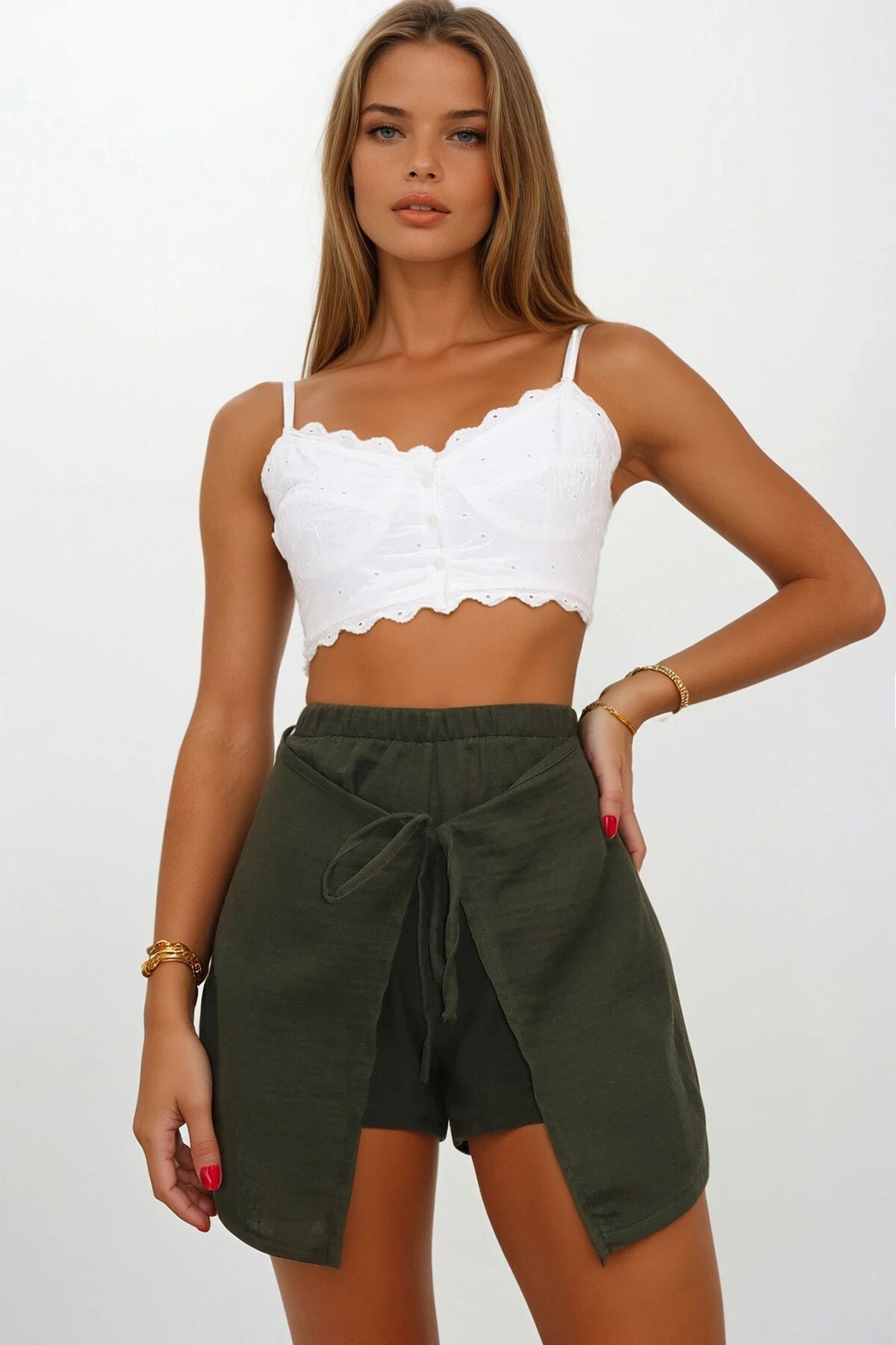 Haki Beli Lastikli Bağlama Detaylı Kapaklı Müslin Şort Etek