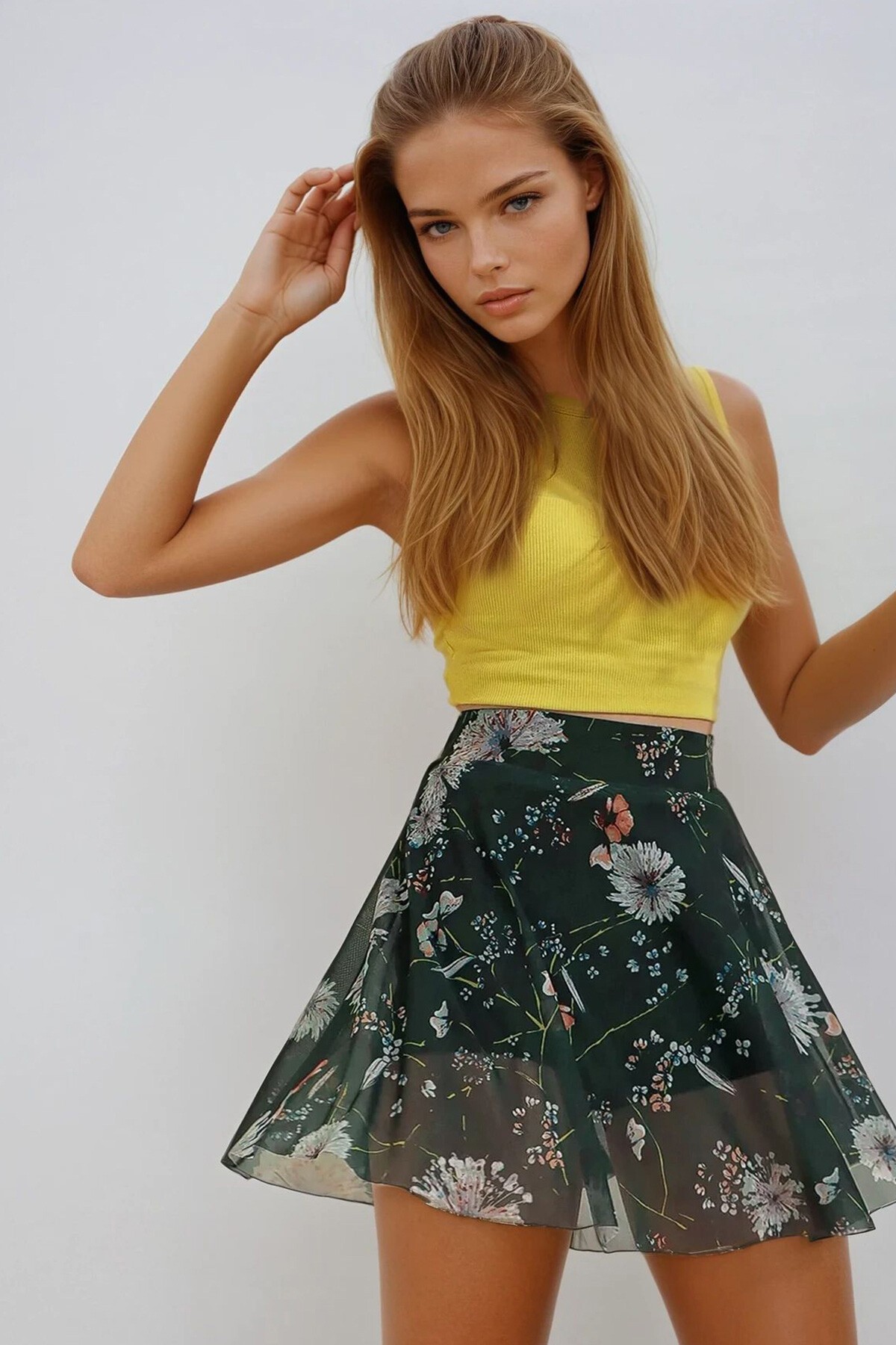 Haki Beli Lastikli Desenli İçi Şort Astarlı Tül Etek