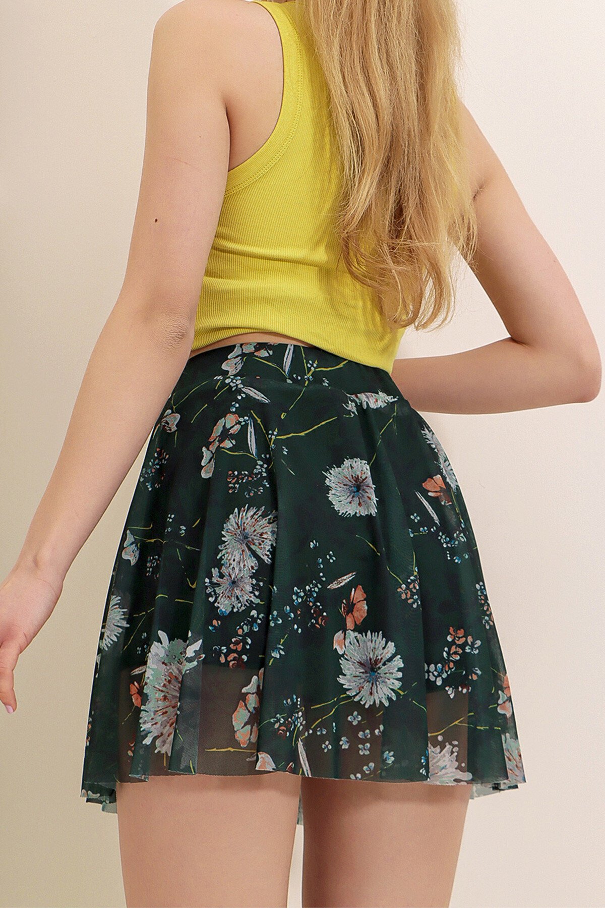 Haki Beli Lastikli Desenli İçi Şort Astarlı Tül Etek