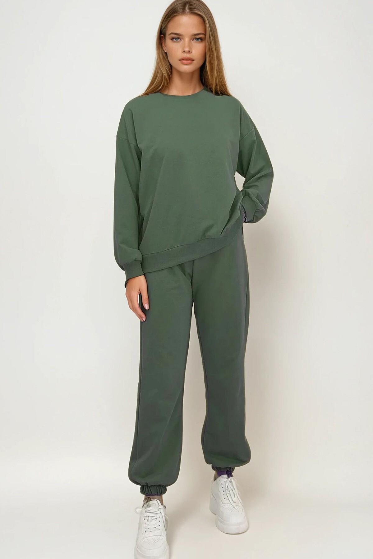 Haki Bisiklet Yaka Beli Ve Paçası Lastikli İki İplik Basic Eşofman Takımı