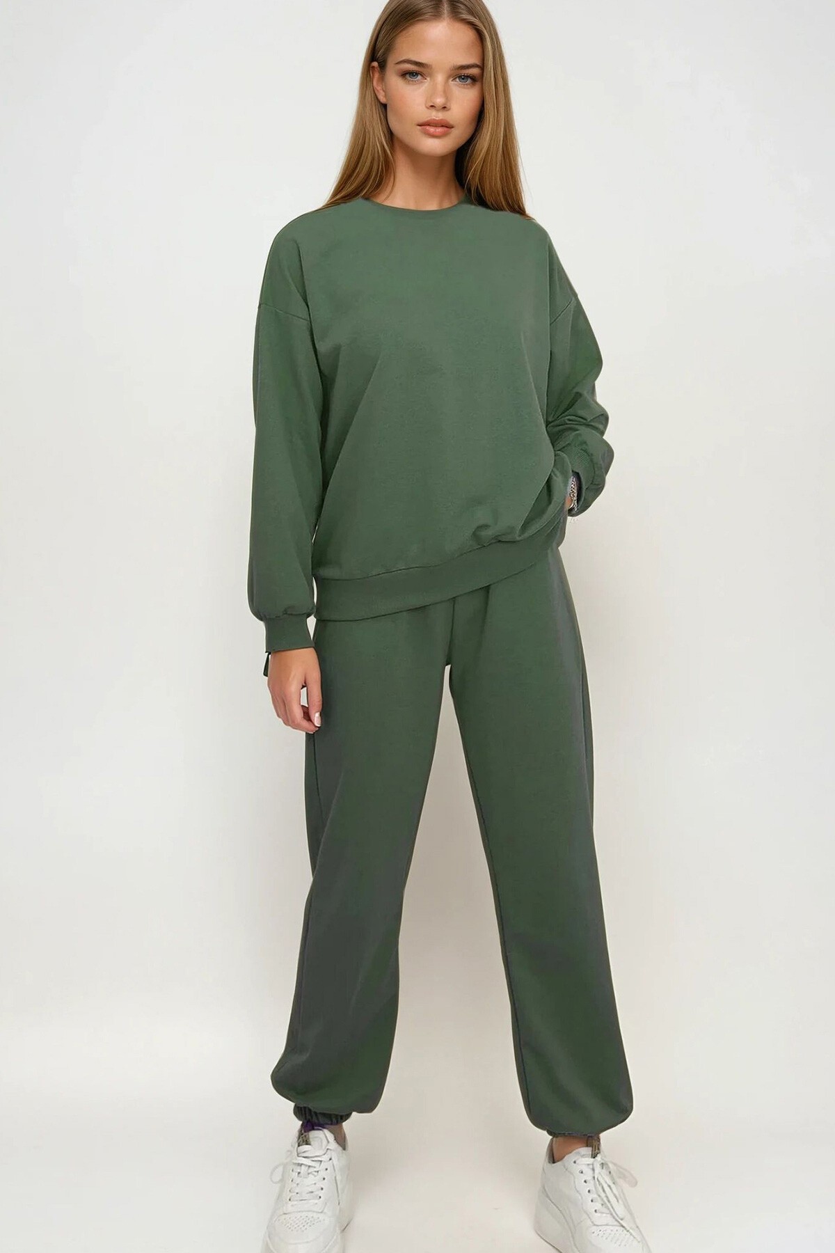 Haki Bisiklet Yaka Beli Ve Paçası Lastikli İki İplik Basic Eşofman Takımı