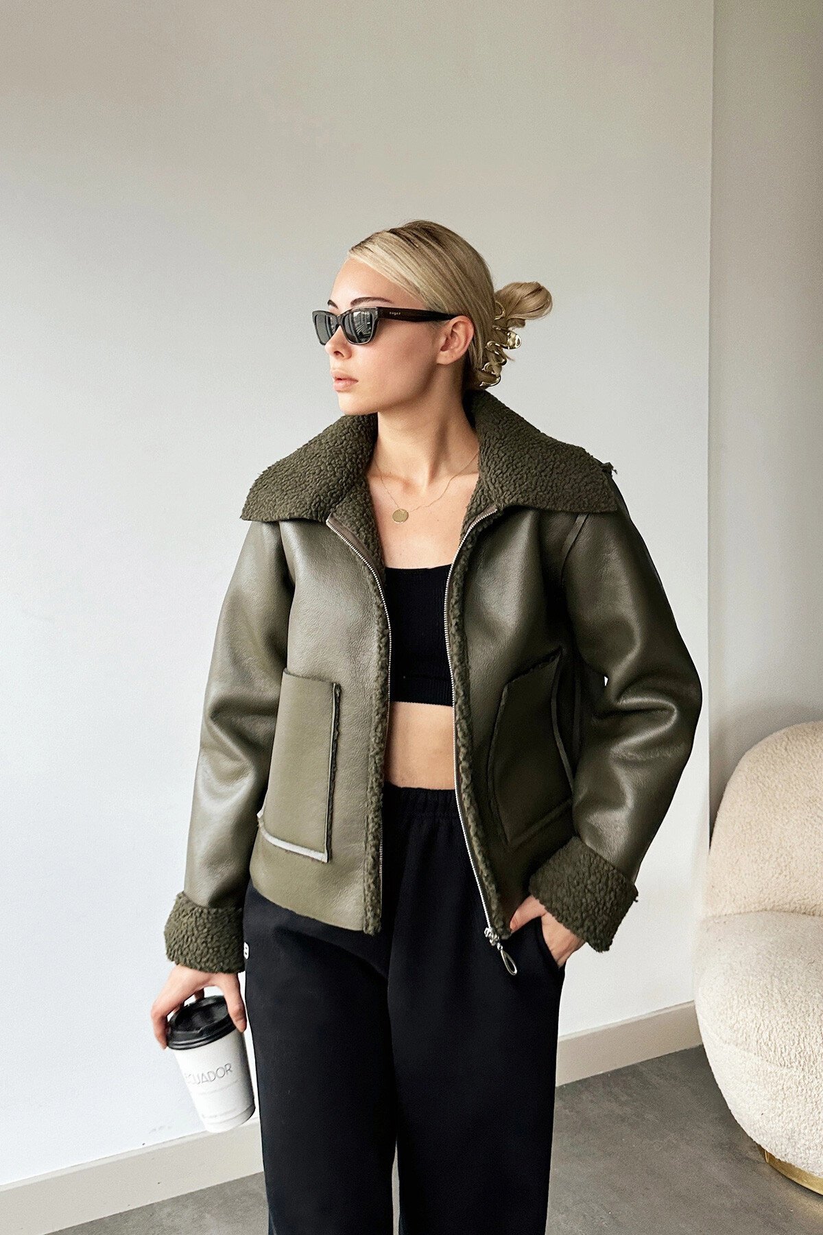 Haki Çift Cepli İçi Suni Kürklü Suni Deri Biker Ceket