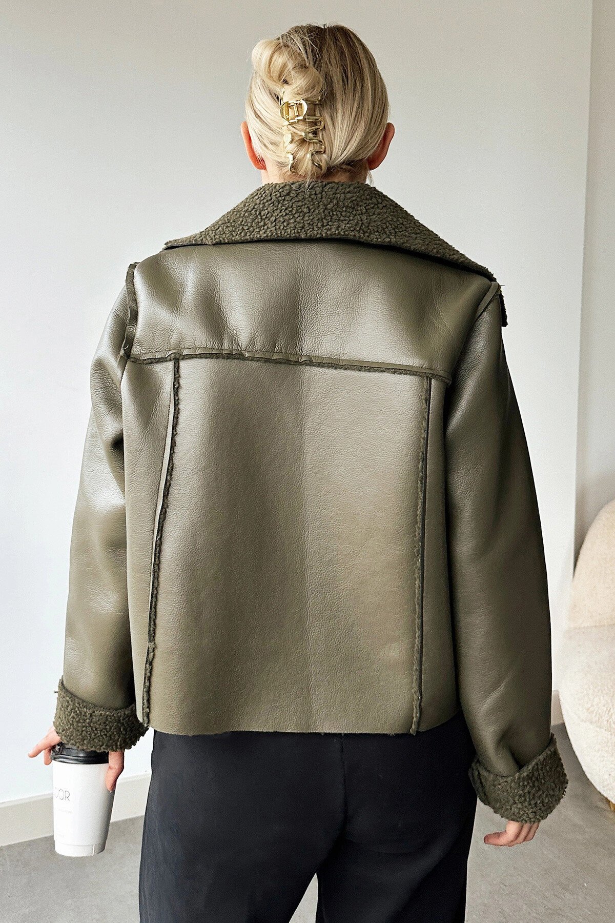 Haki Çift Cepli İçi Suni Kürklü Suni Deri Biker Ceket