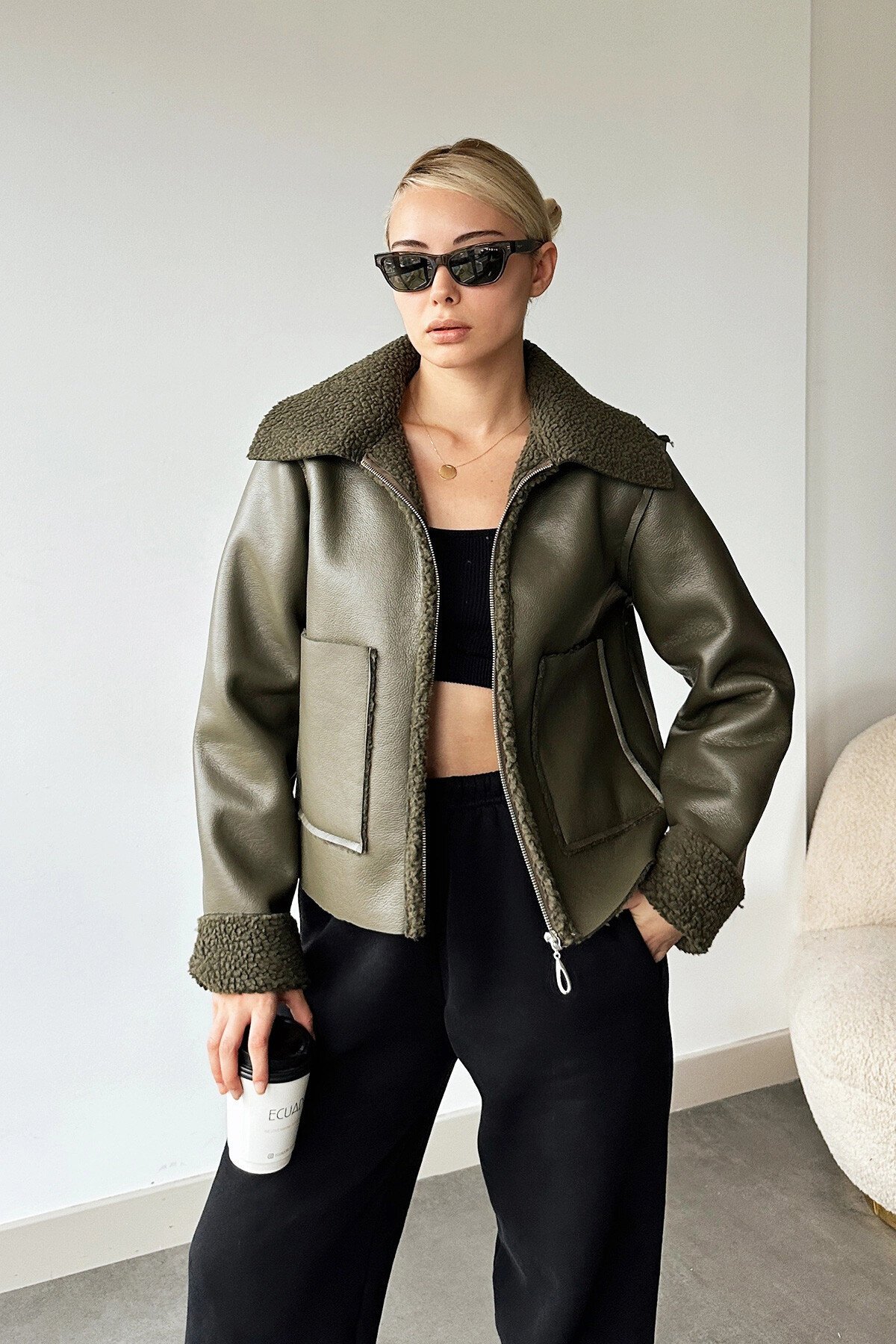 Haki Çift Cepli İçi Suni Kürklü Suni Deri Biker Ceket