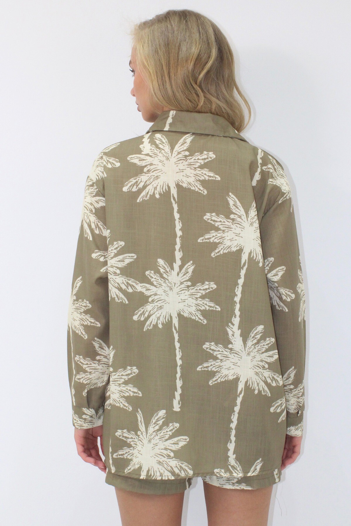 Haki Desenli Flamlı Keten Gömlek Ve Çift Cepli Şort Takım