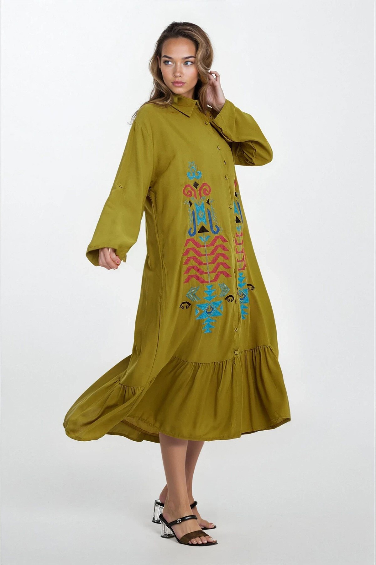 Haki Gömlek Yaka Düğmeli Nakış İşlemeli Eteği Fırfırlı Büyük Beden Elbise