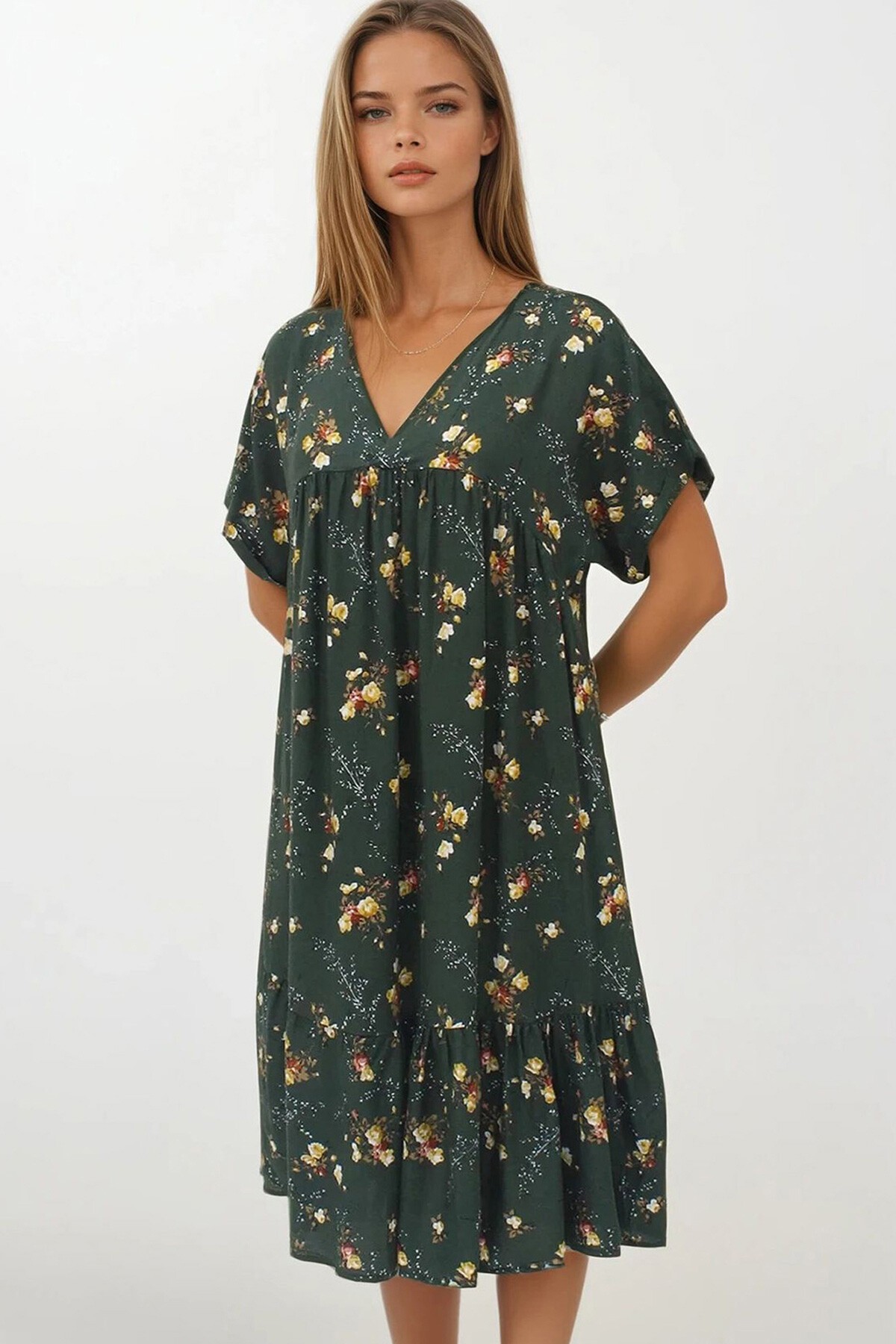 Haki Kruvaze Yaka Eteği Pileli Midi Boy Çift Cepli Elbise Elbise