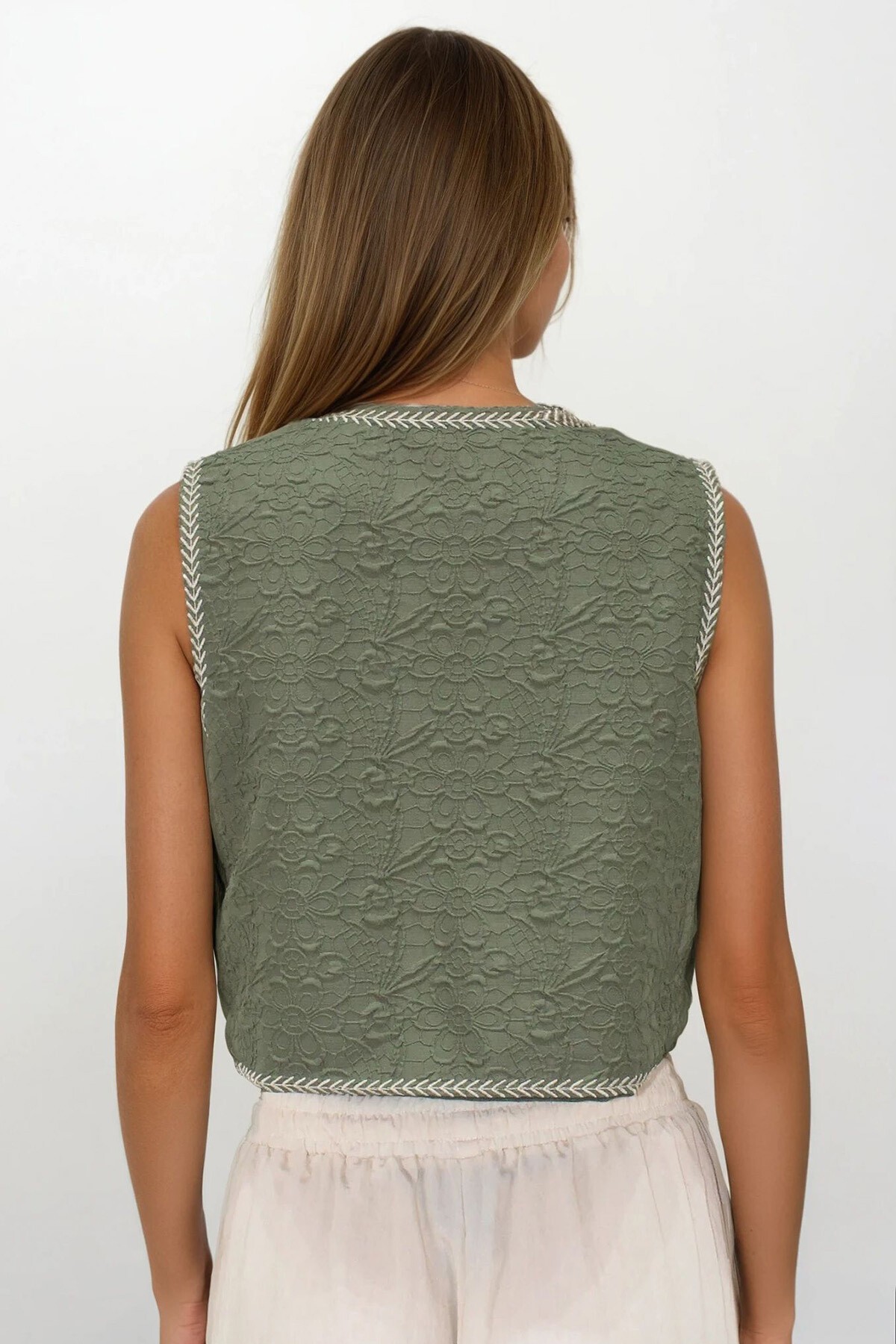 Haki Nakış Detaylı Astarlı Dokulu Crop Yelek