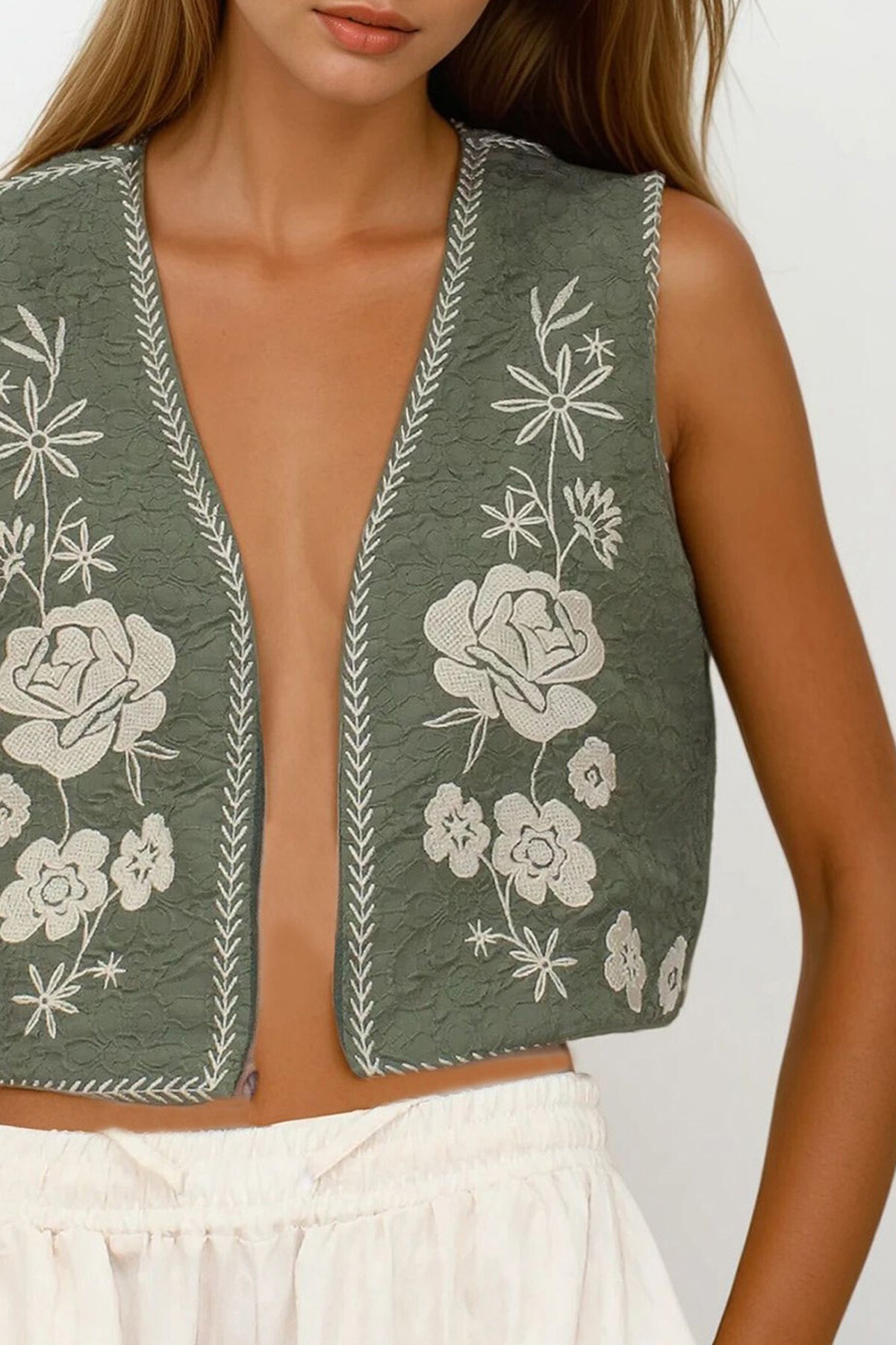 Haki Nakış Detaylı Astarlı Dokulu Crop Yelek