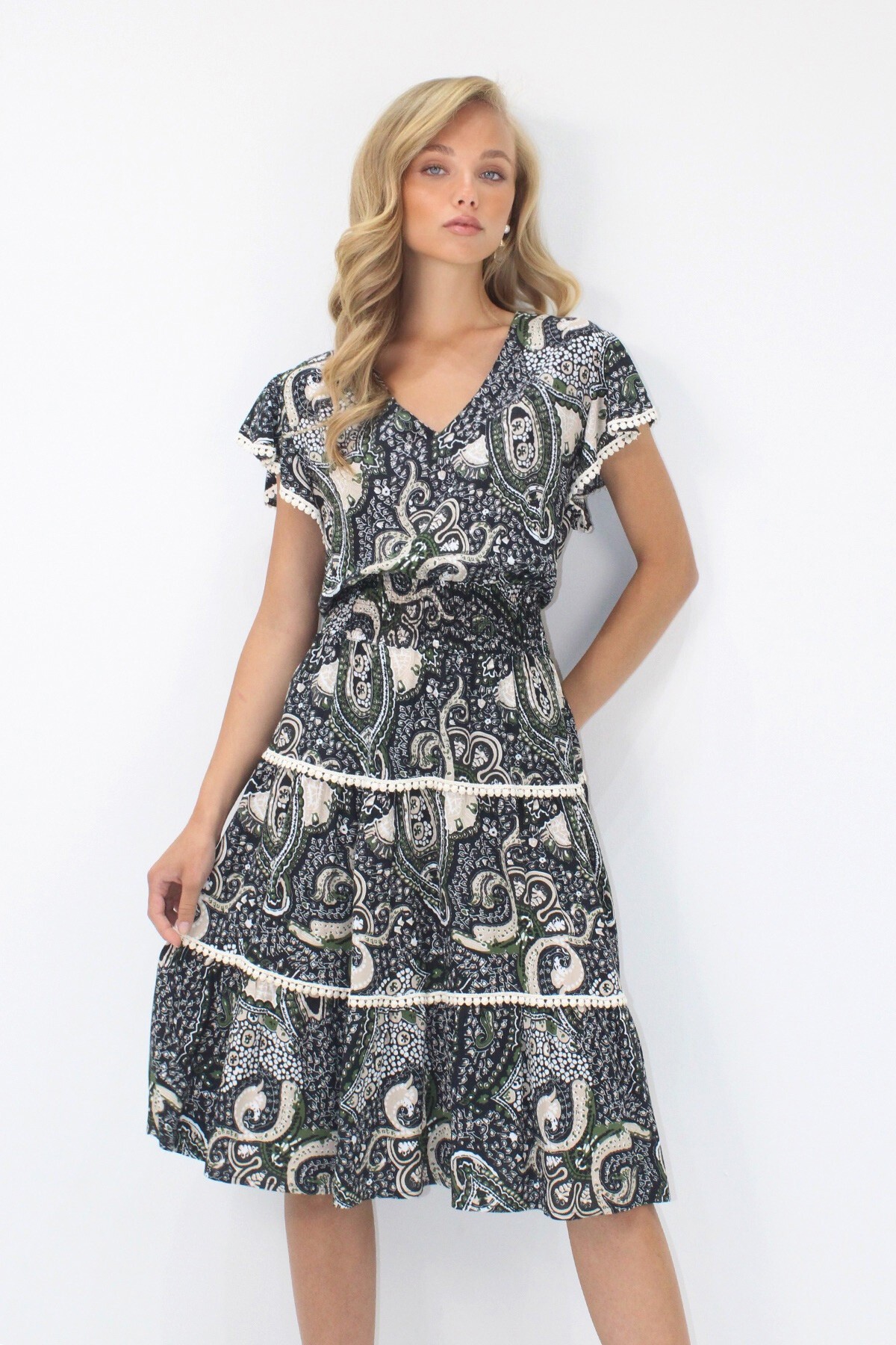 Haki V Yaka Etnik Desenli Fisto Detaylı Beli Gipeli Dokuma Elbise