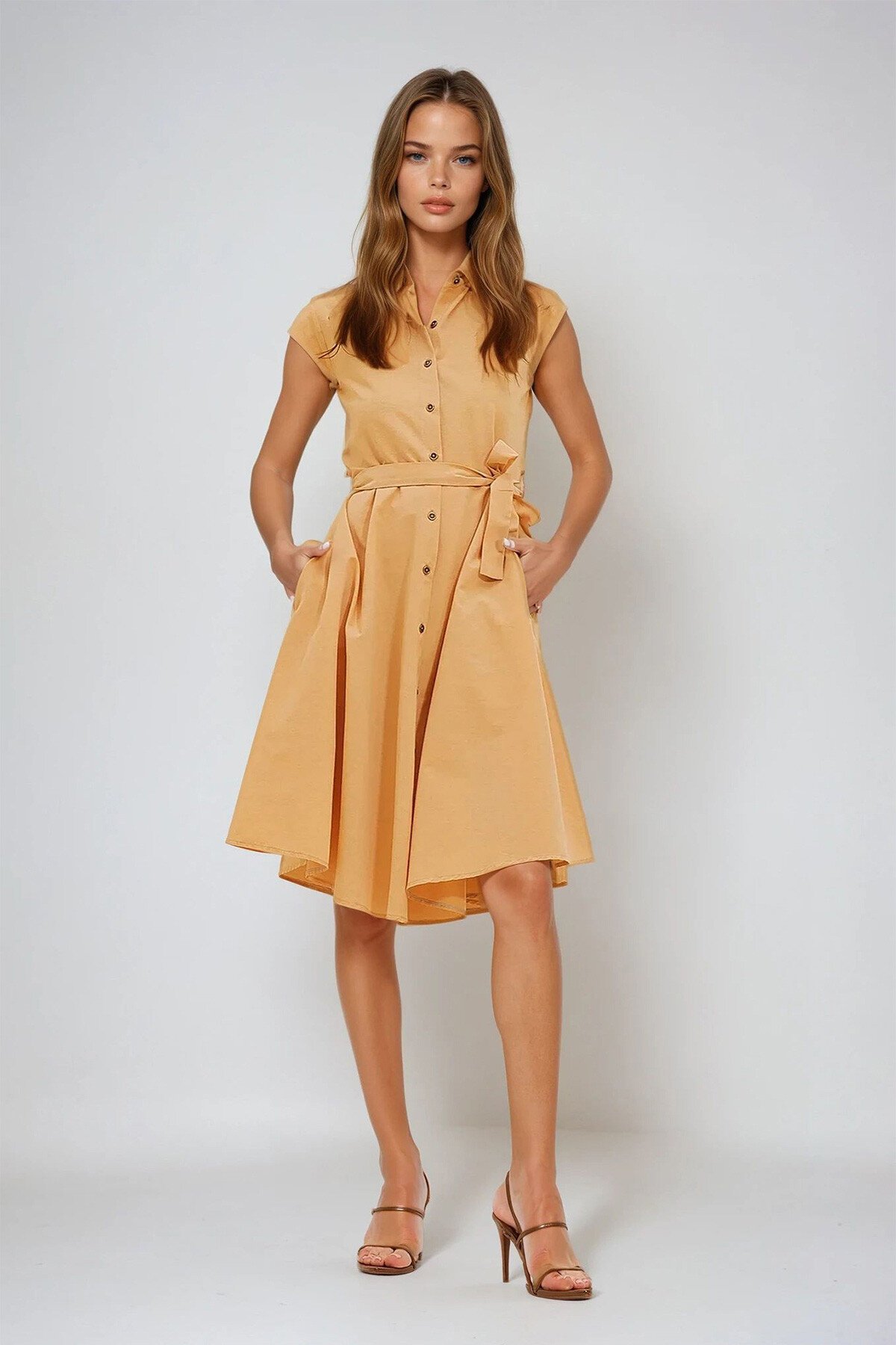 Hardal Beli Kemerli Mini Kol Dokuma Gömlek Elbise