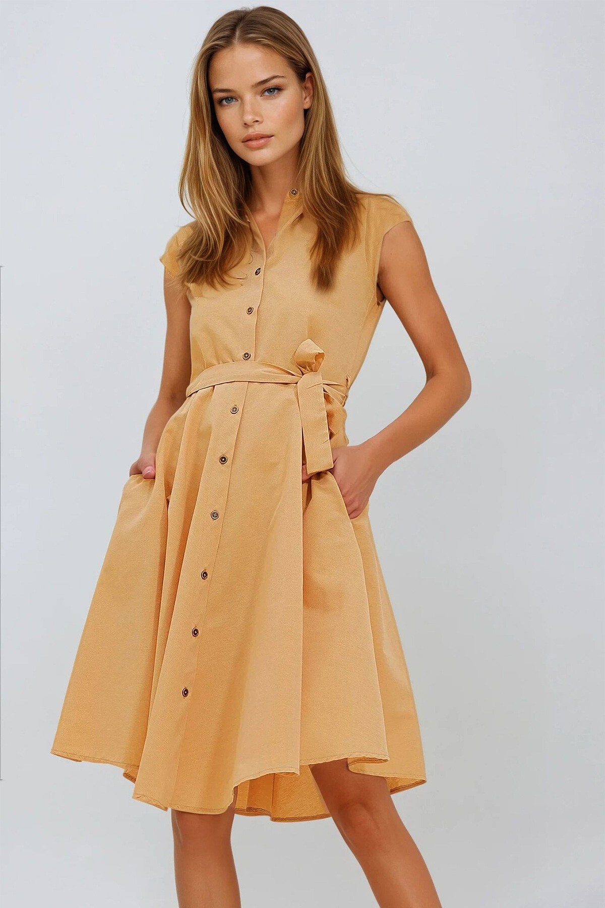 Hardal Beli Kemerli Mini Kol Dokuma Gömlek Elbise