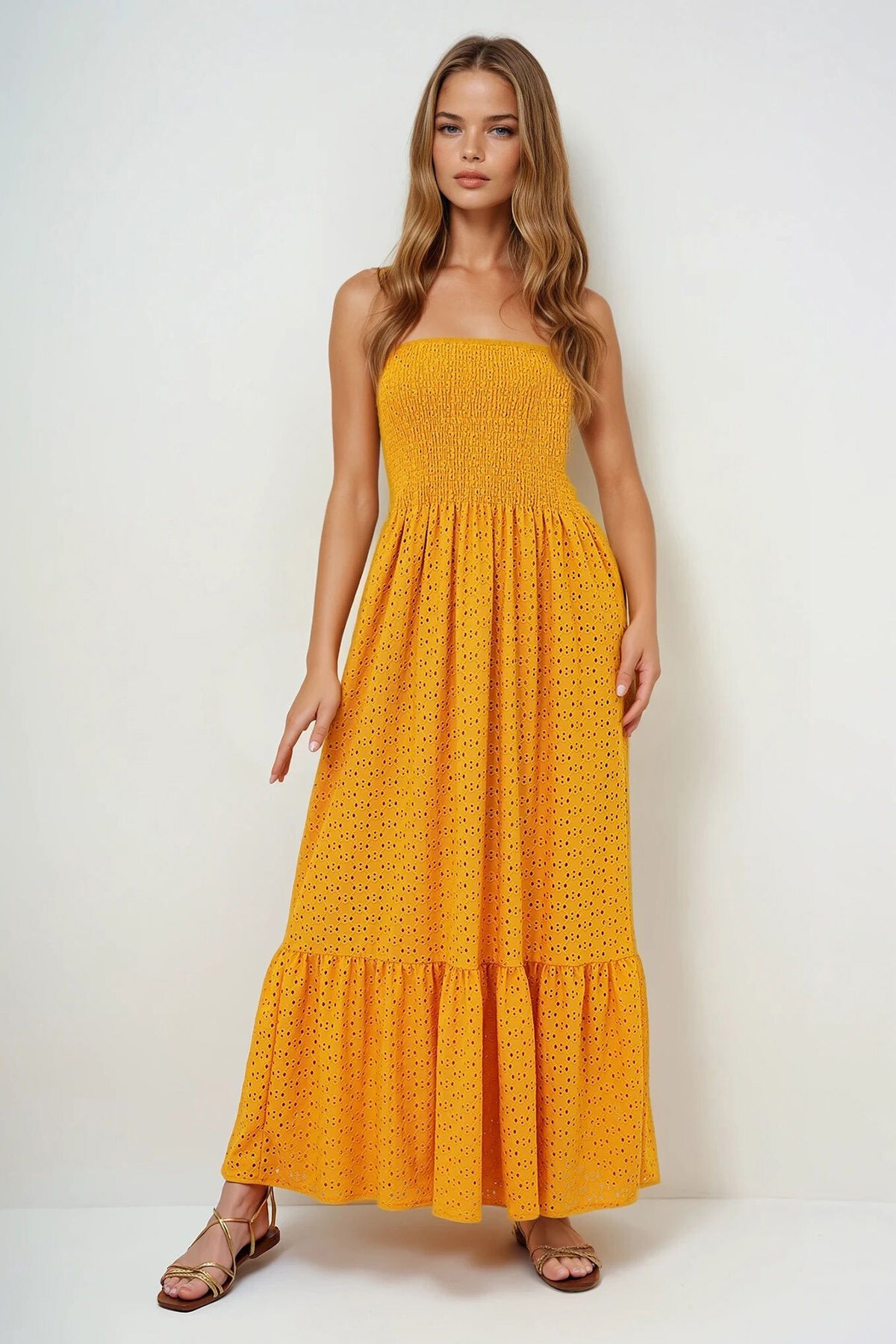 Hardal Gipeli İçi Astarlı Güpür Straplez Elbise