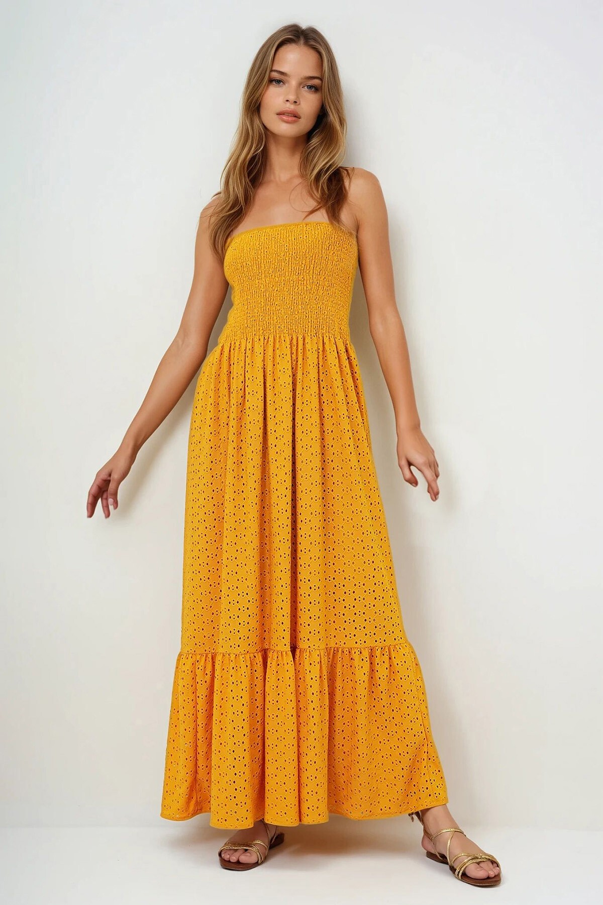 Hardal Gipeli İçi Astarlı Güpür Straplez Elbise