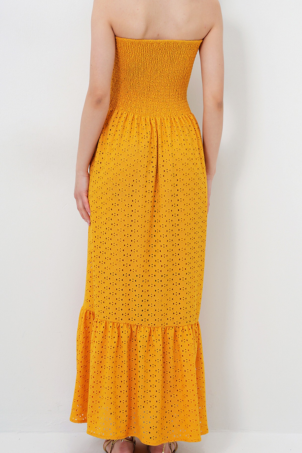 Hardal Gipeli İçi Astarlı Güpür Straplez Elbise