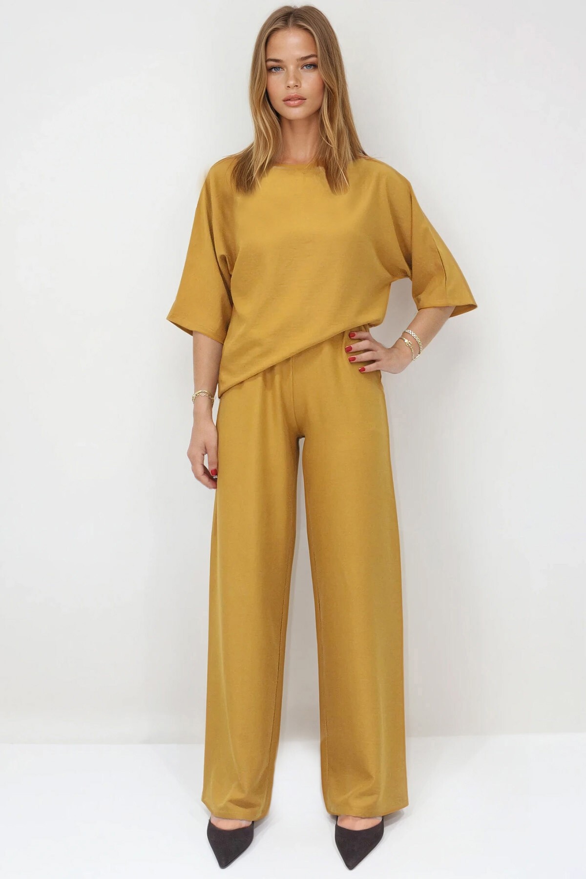 Hardal Kayık Yaka Bluz Ve Pantolon Aerobin Takım