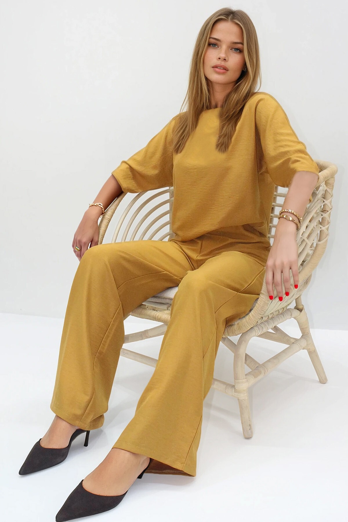 Hardal Kayık Yaka Bluz Ve Pantolon Aerobin Takım