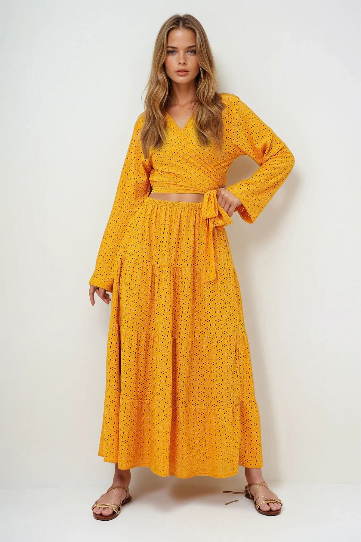 Hardal Sarısı Katkat Volanlı Güpür Premium Etek