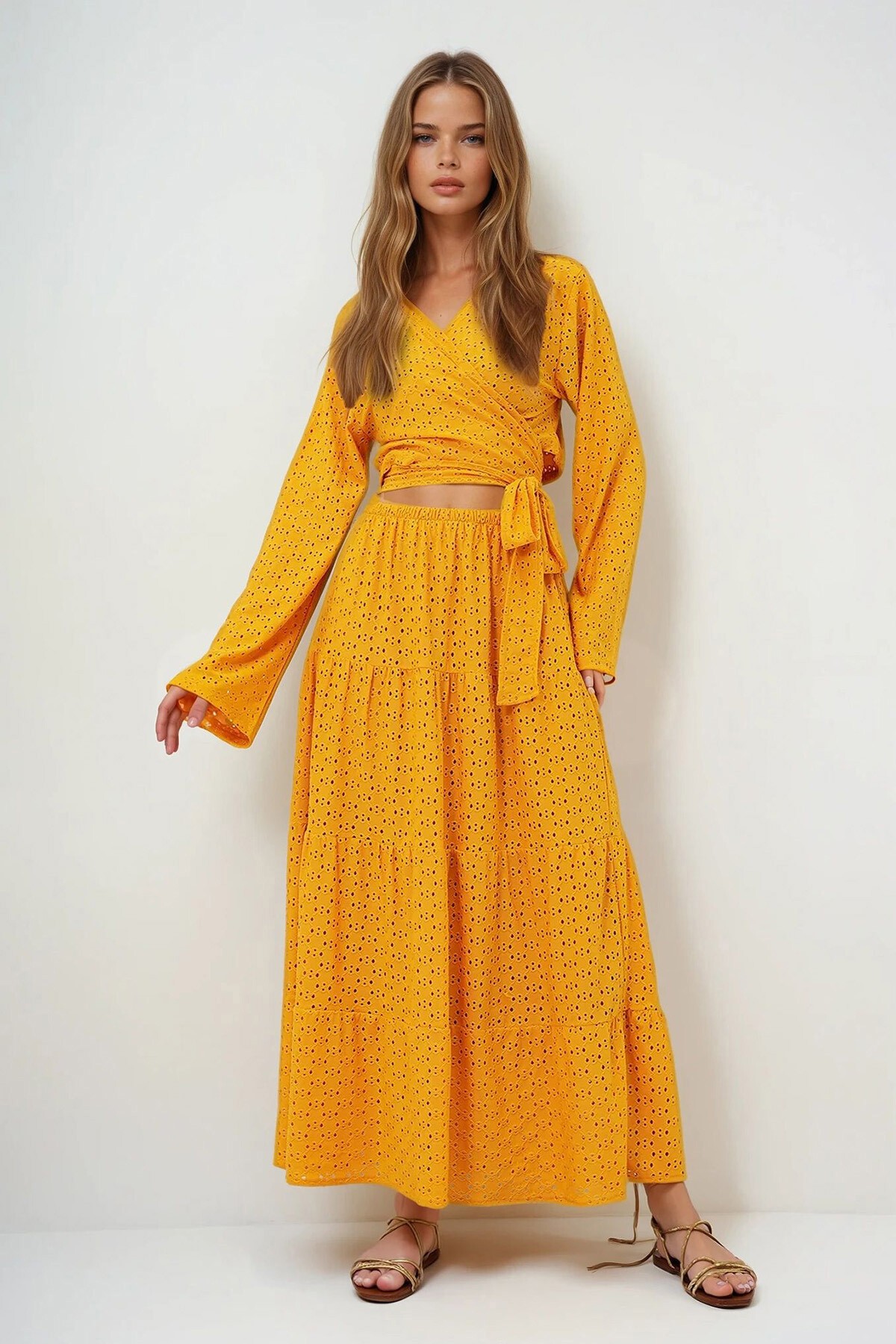 Hardal Sarısı Katkat Volanlı Güpür Premium Etek