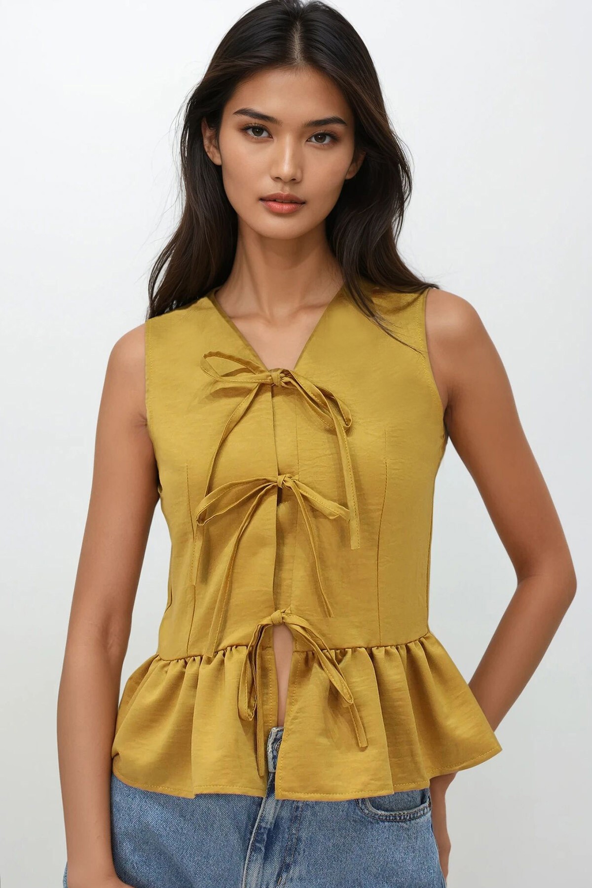 Hardal V Yaka Fiyonk Detaylı Eteği Volanlı Aerobin Bluz