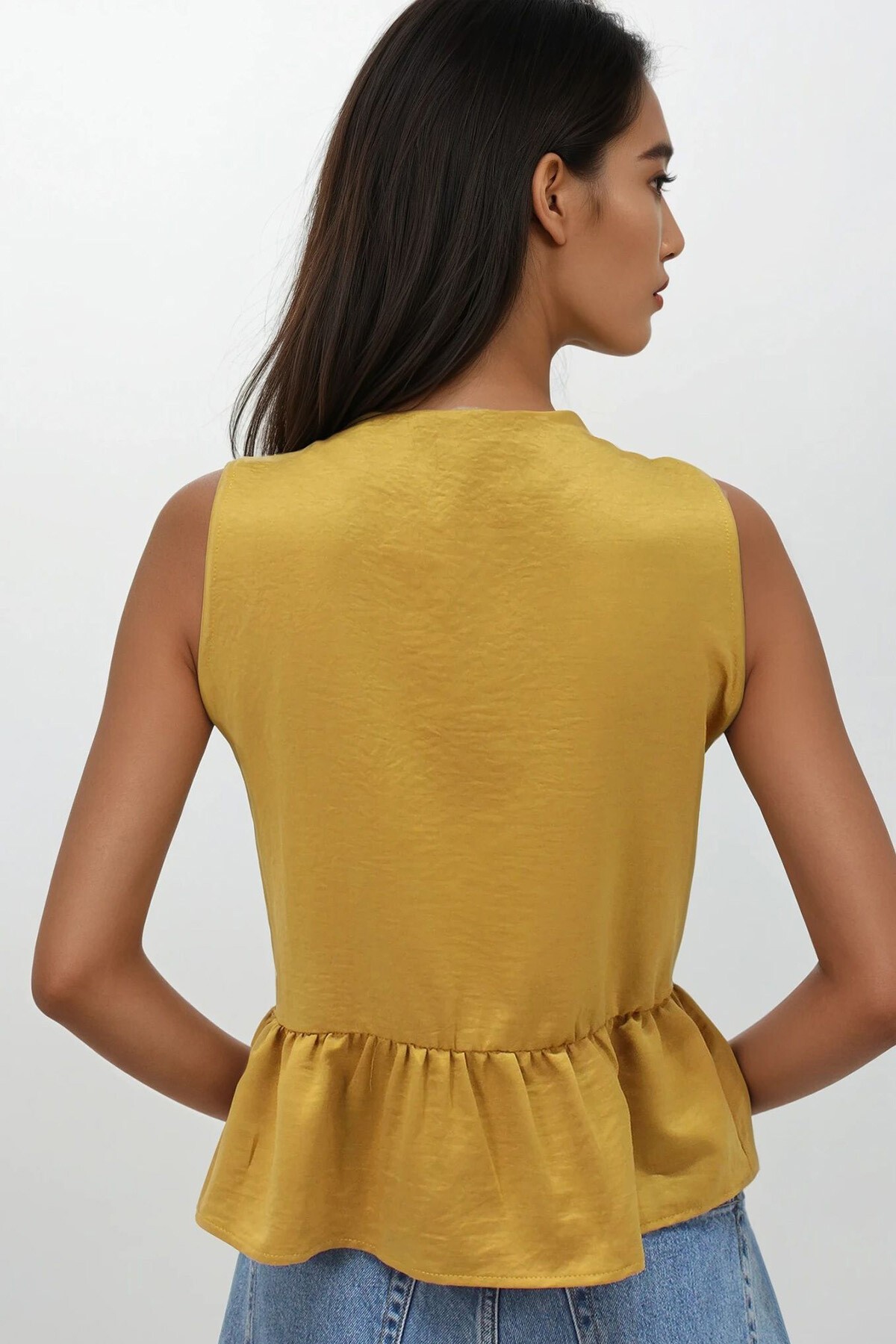 Hardal V Yaka Fiyonk Detaylı Eteği Volanlı Aerobin Bluz