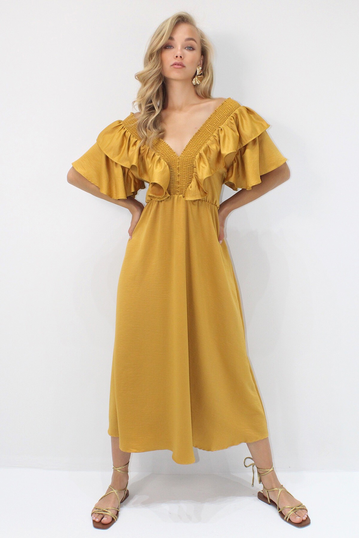 Hardal Yakası Gipeli Ve Volanlı Beli Midiboy Dokuma Elbise