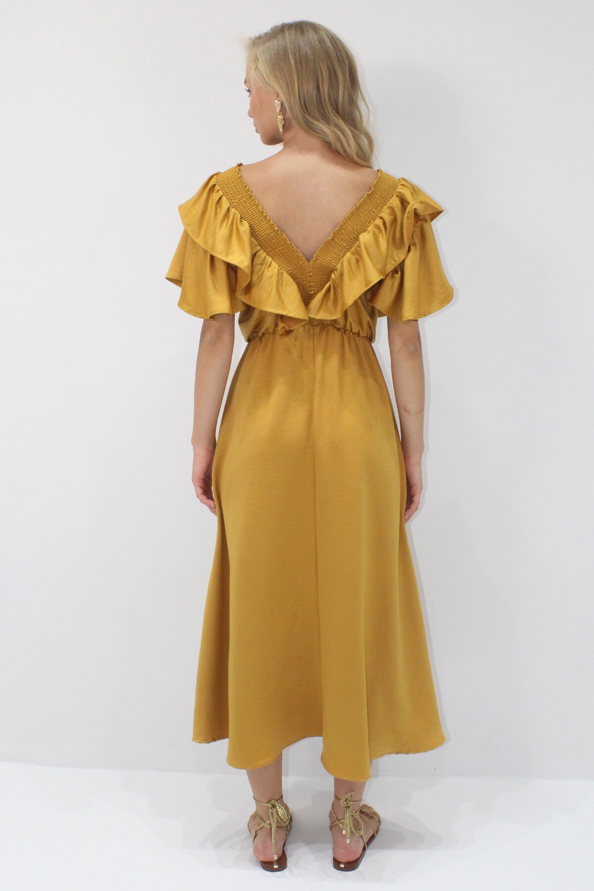 Hardal Yakası Gipeli Ve Volanlı Beli Midiboy Dokuma Elbise