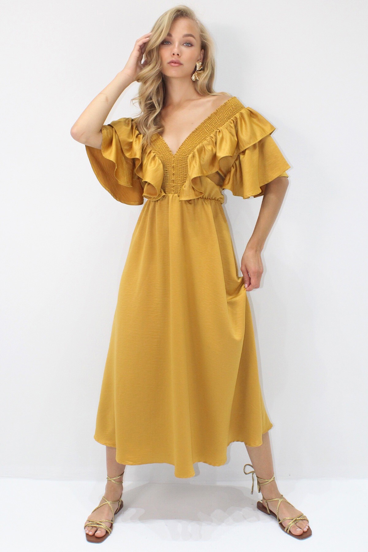 Hardal Yakası Gipeli Ve Volanlı Beli Midiboy Dokuma Elbise