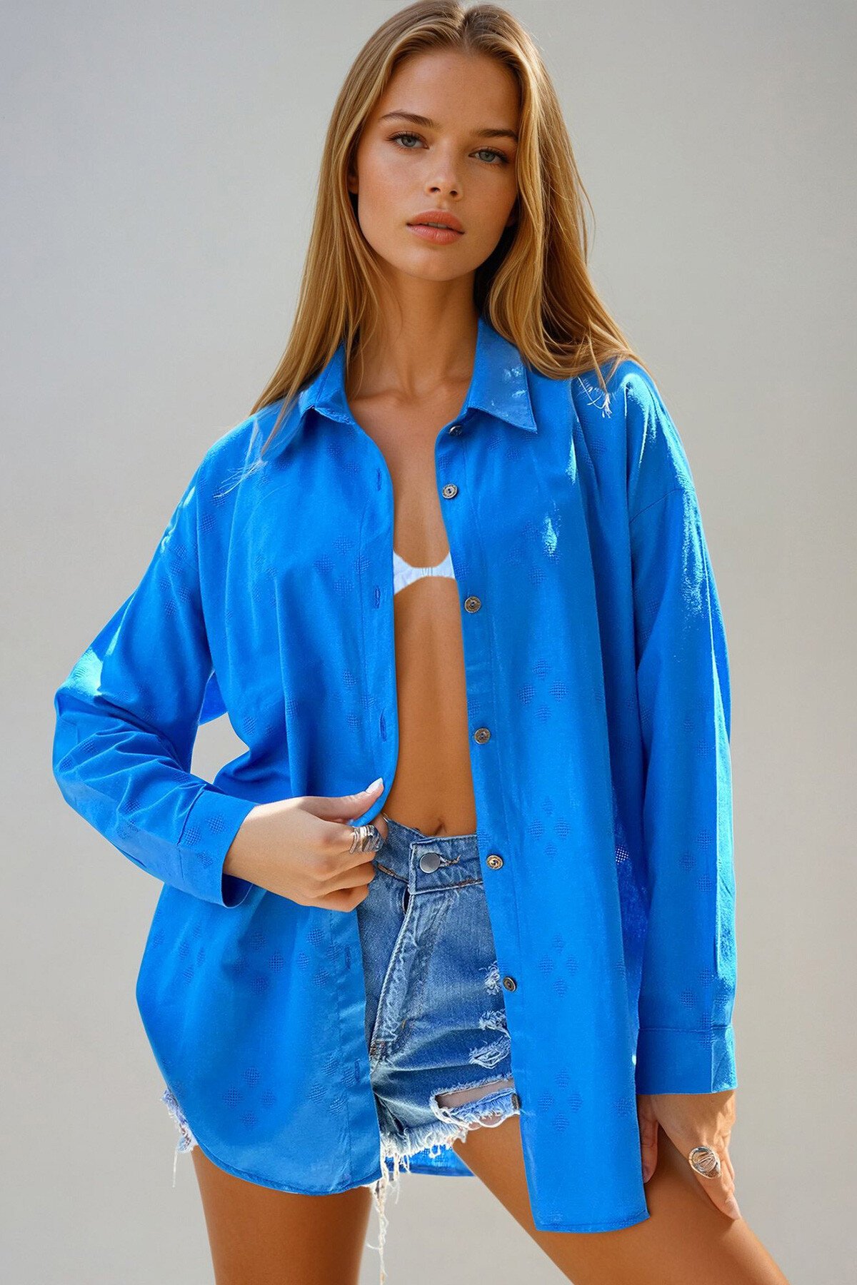 Havacı Mavi Motifli Oversize Keten Gömlek