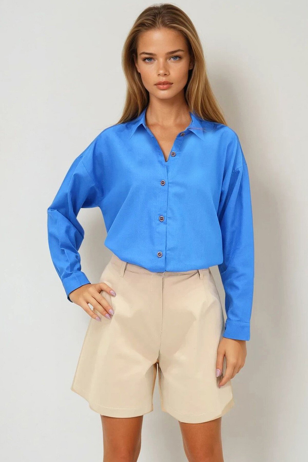 Havacı Mavi Oversize Keten Gömlek