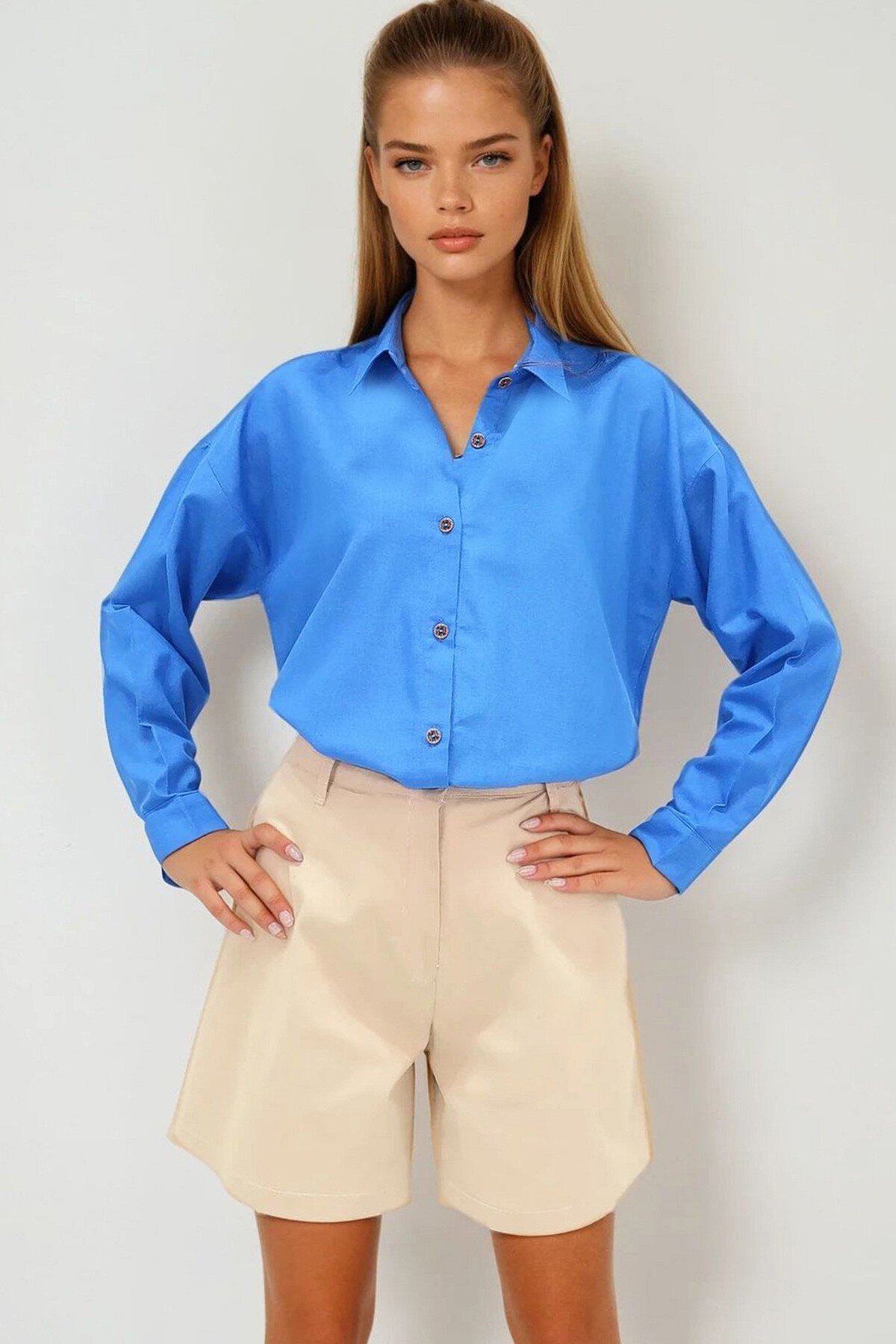 Havacı Mavi Oversize Keten Gömlek