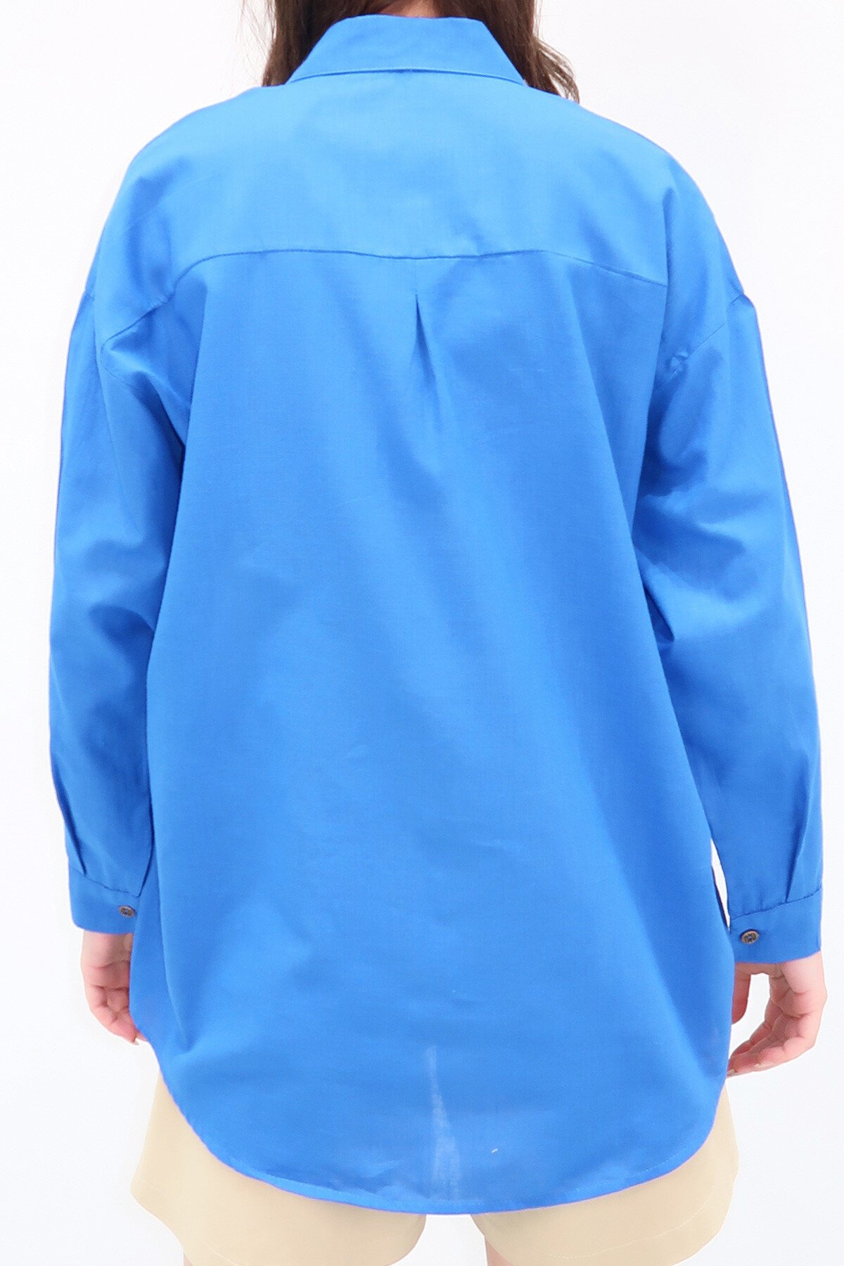 Havacı Mavi Oversize Keten Gömlek