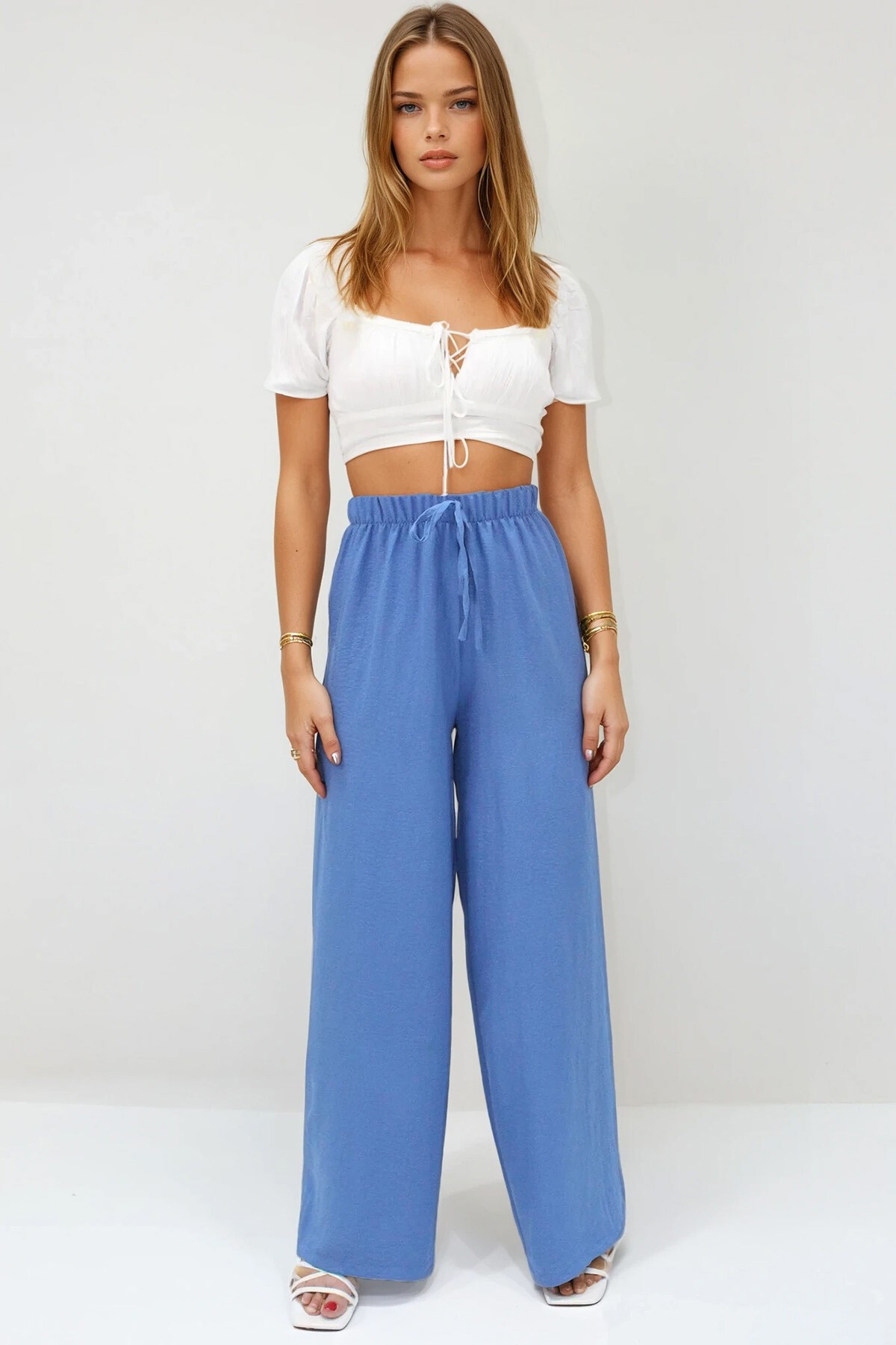 İndigo Bağcıklı Beli Lastikli Aerobin Palazzo Pantolon