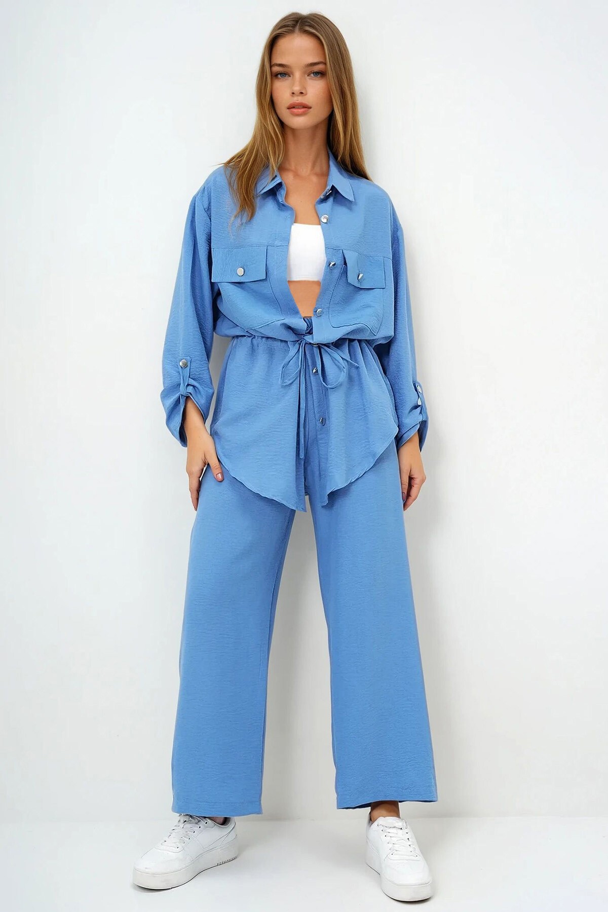 İndigo Çift Cepli Safari Ceket Ve Beli Lastikli Wide Leg Aerobin Pantolonlu Takım