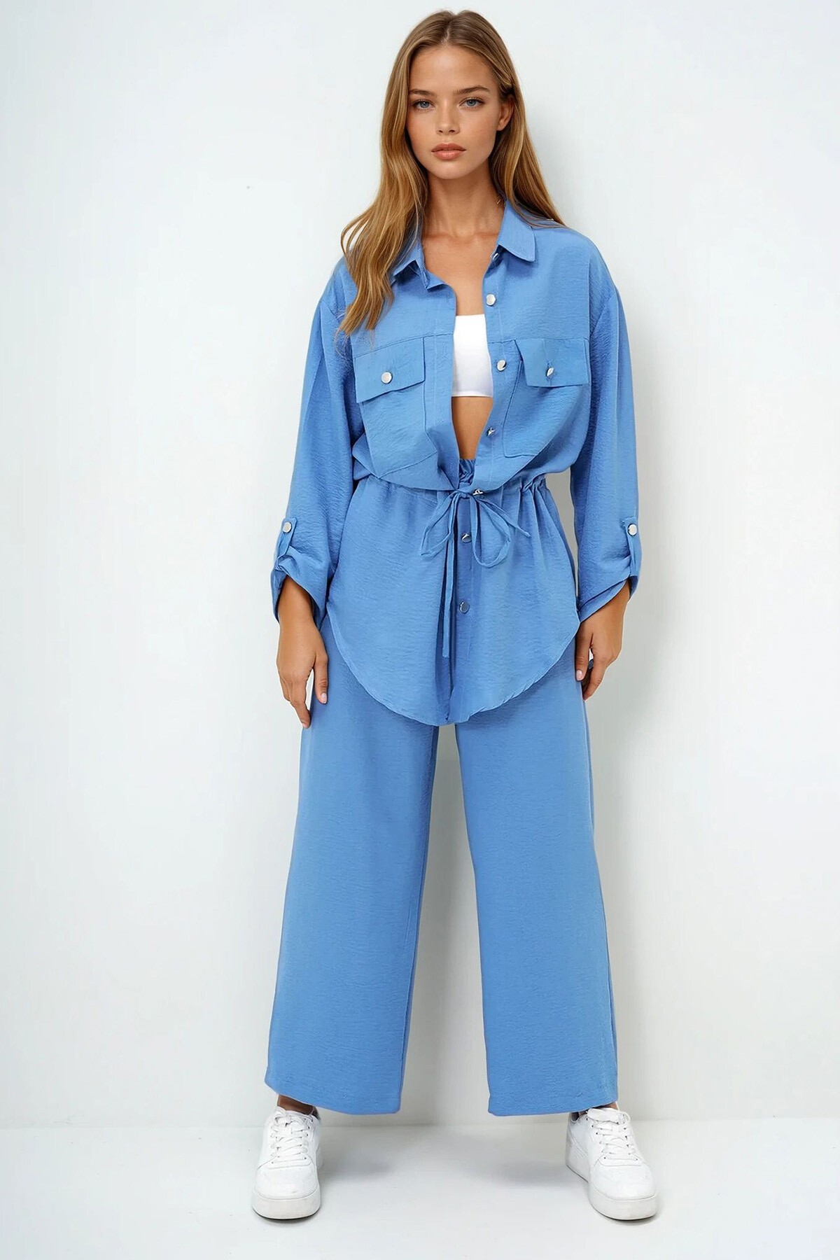 İndigo Çift Cepli Safari Ceket Ve Beli Lastikli Wide Leg Aerobin Pantolonlu Takım