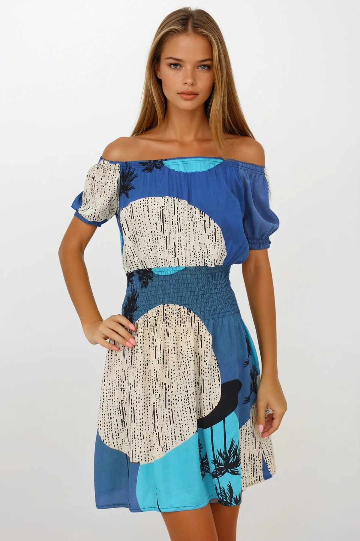 İndigo Mavi Balon Kol Gipeli Keten Mini Elbise