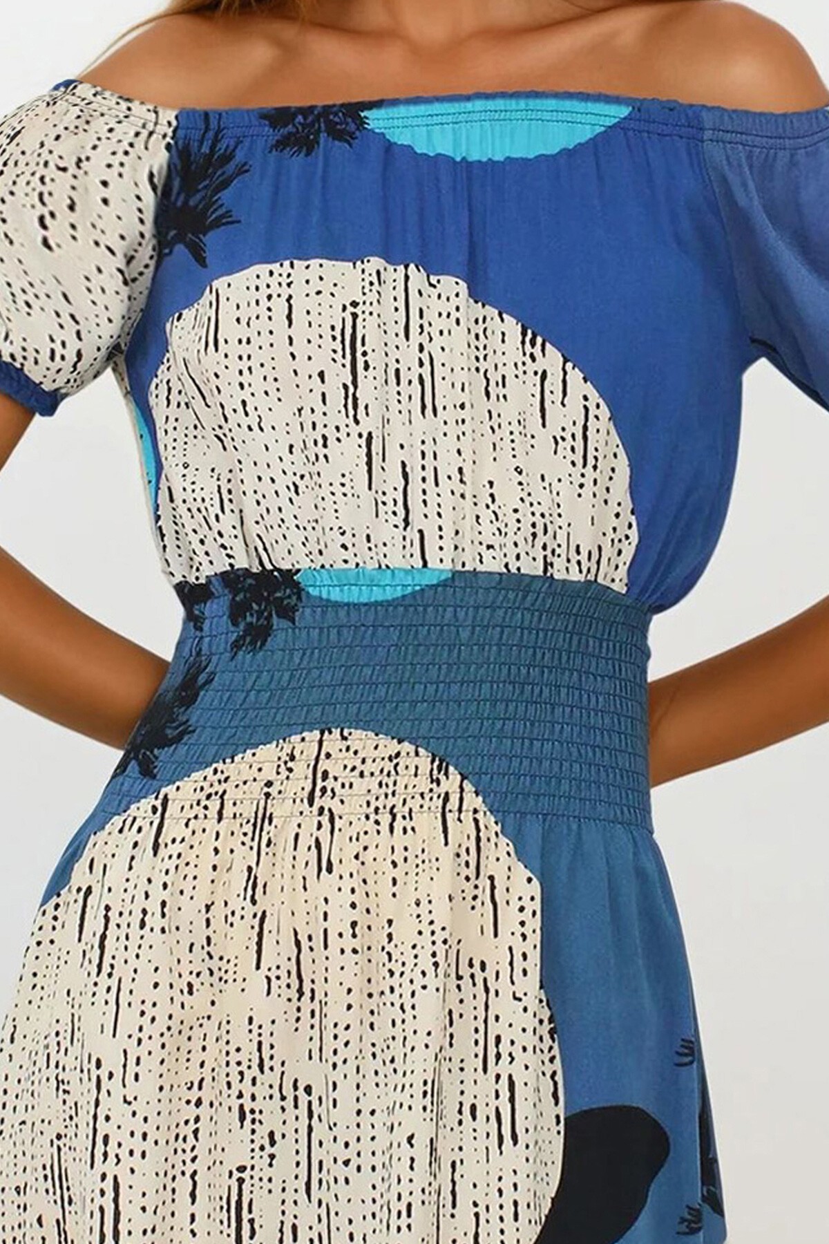 İndigo Mavi Balon Kol Gipeli Keten Mini Elbise