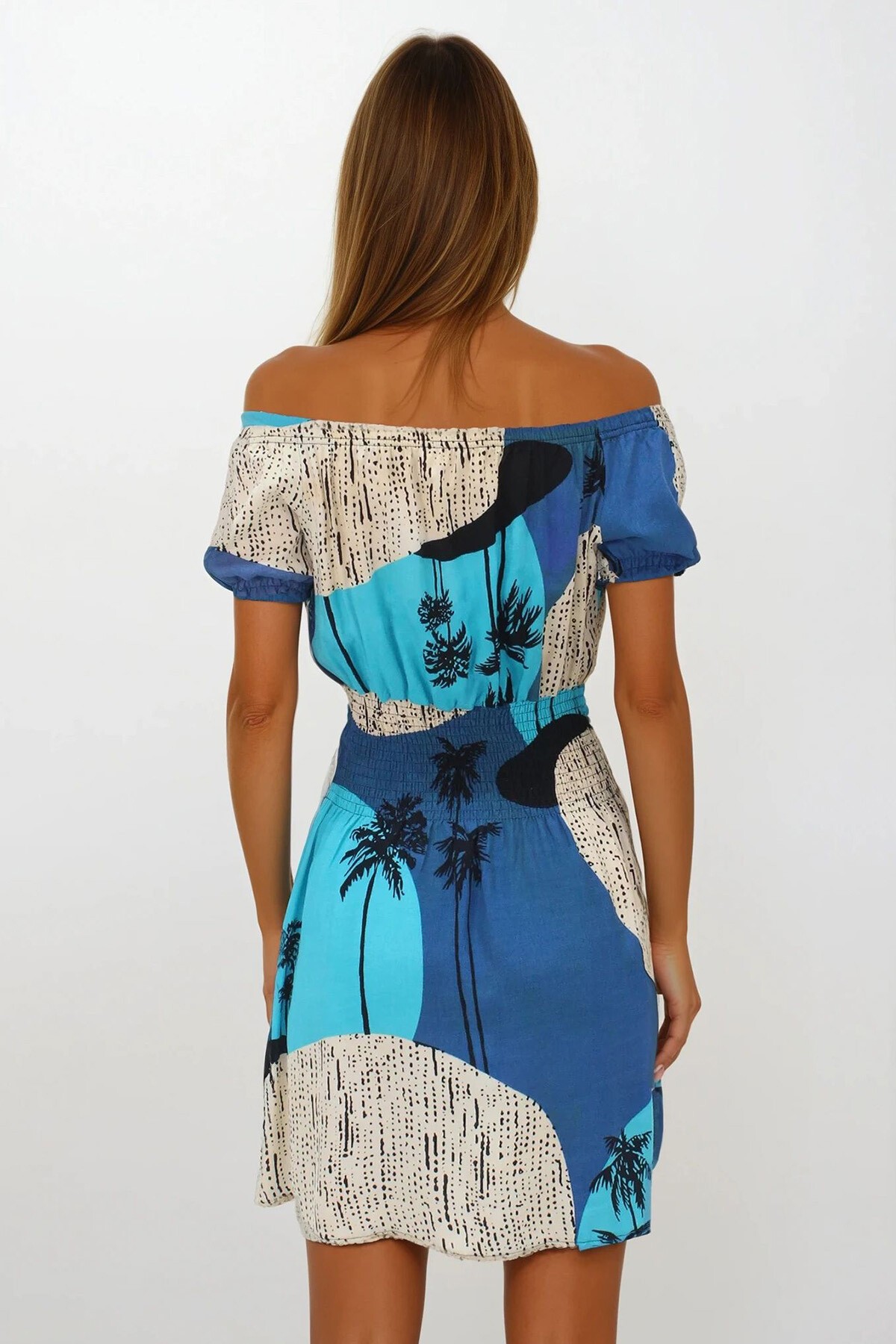 İndigo Mavi Balon Kol Gipeli Keten Mini Elbise