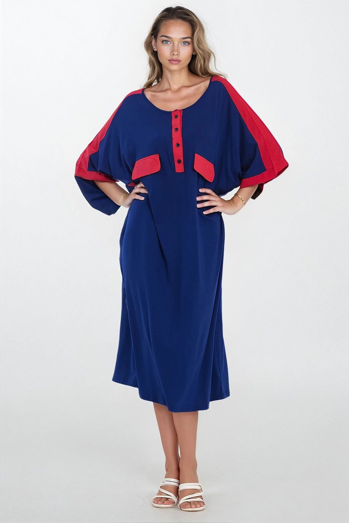 İndigo Önü Düğmeli Kısa Kollu Viskon Elbise