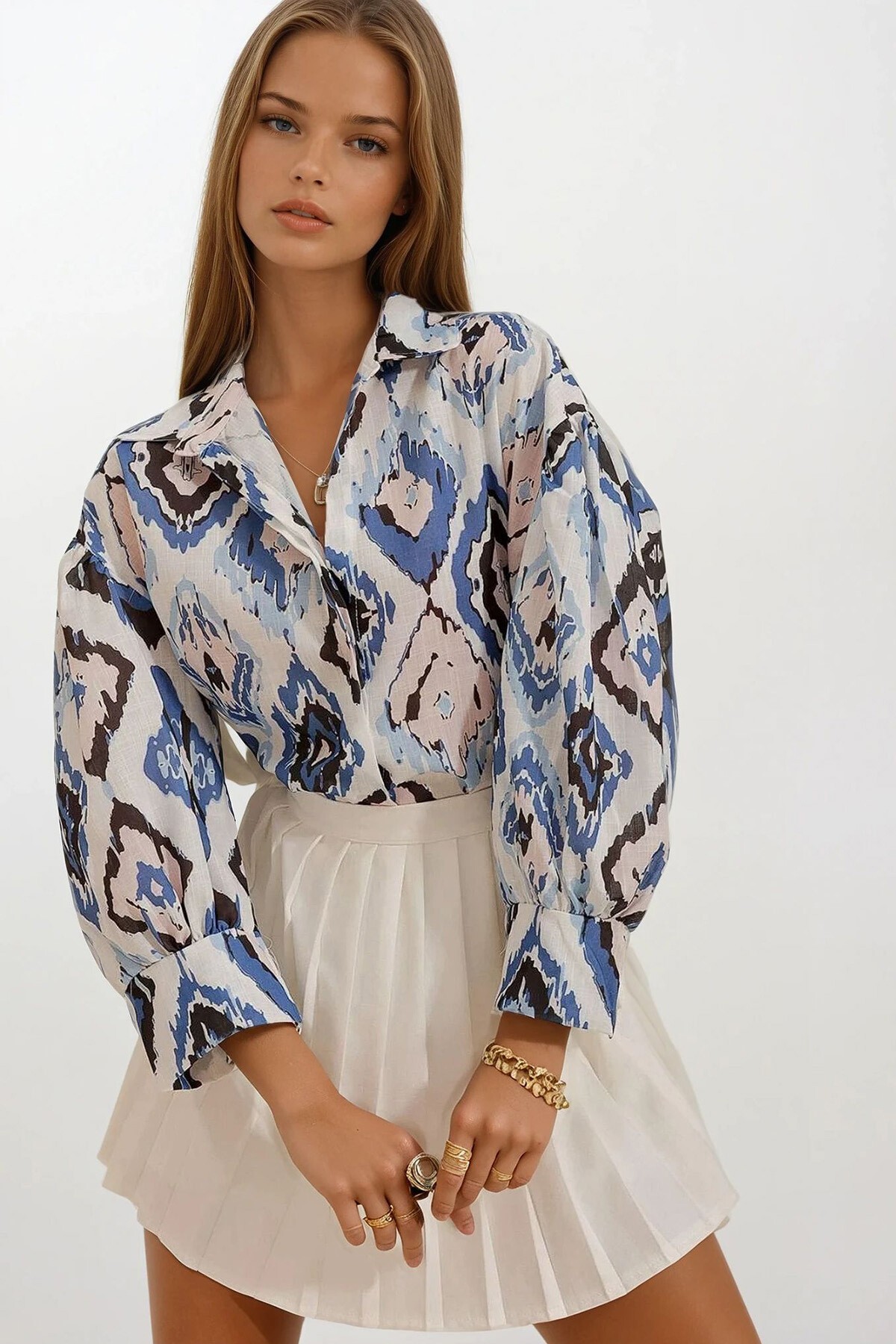 İndigo Prenses Etnik Desenli Flamlı Keten Dokuma Gömlek