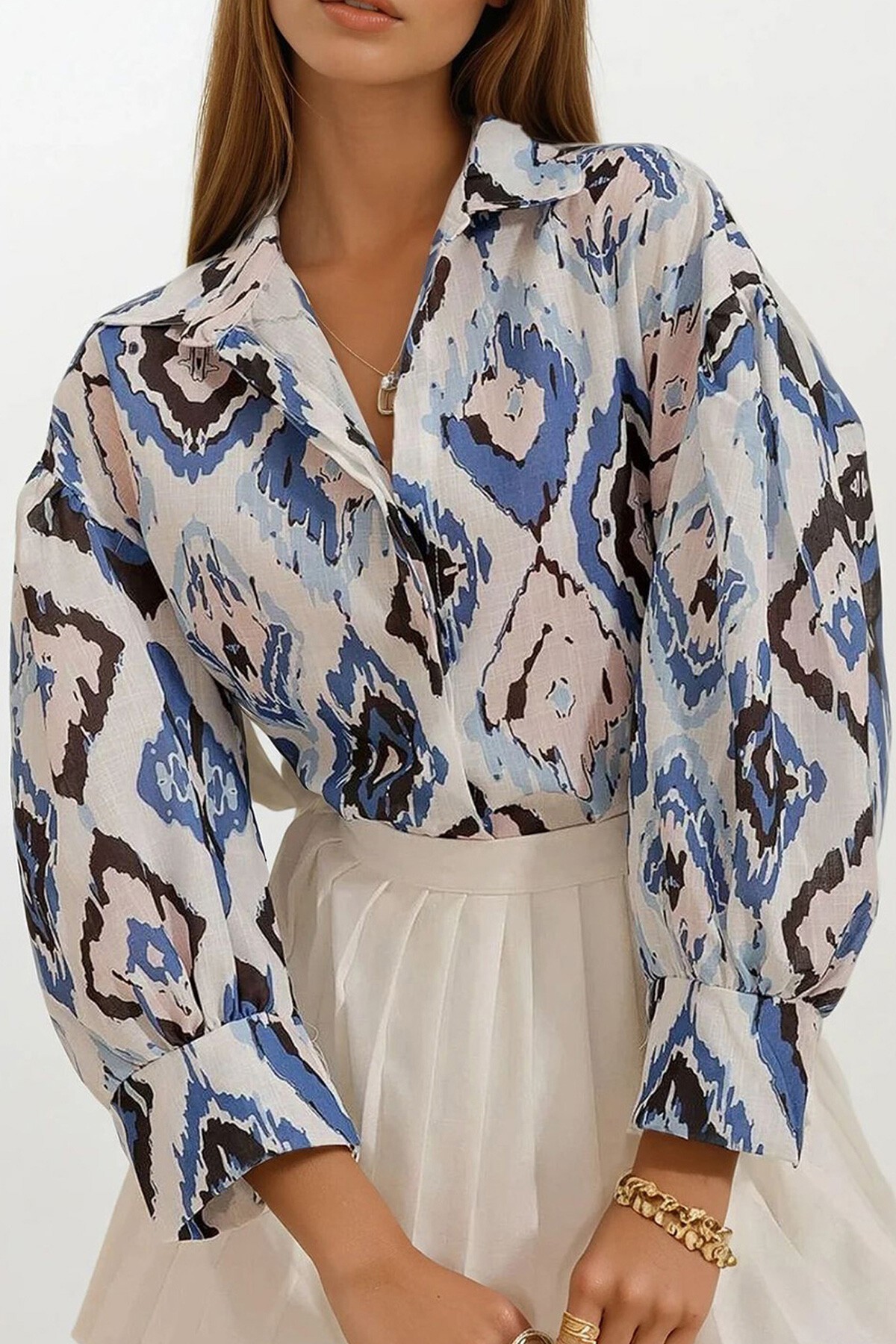 İndigo Prenses Etnik Desenli Flamlı Keten Dokuma Gömlek