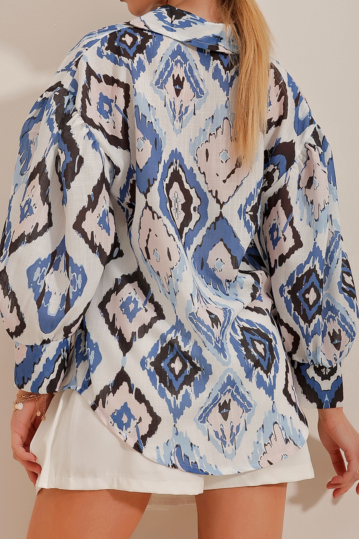 İndigo Prenses Etnik Desenli Flamlı Keten Dokuma Gömlek