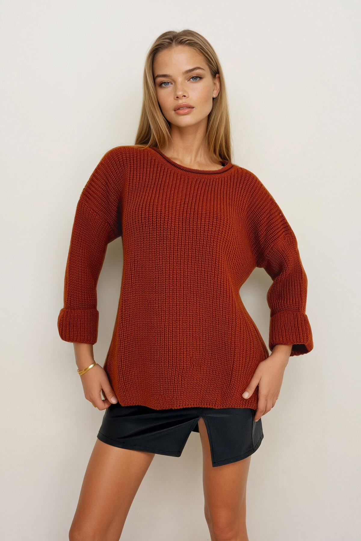 Kahve Bi̇Si̇Klet Yaka Duble Kol Selani̇K Örgü Oversi̇Ze Kışıık Kazak