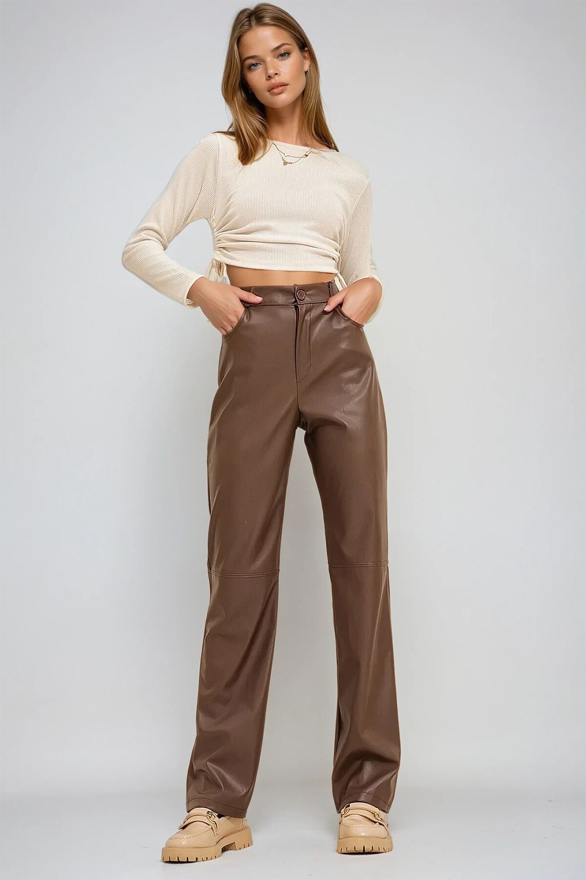 Kahve Diz Dikişli Cepli Suni Deri Palazzo Pantolon